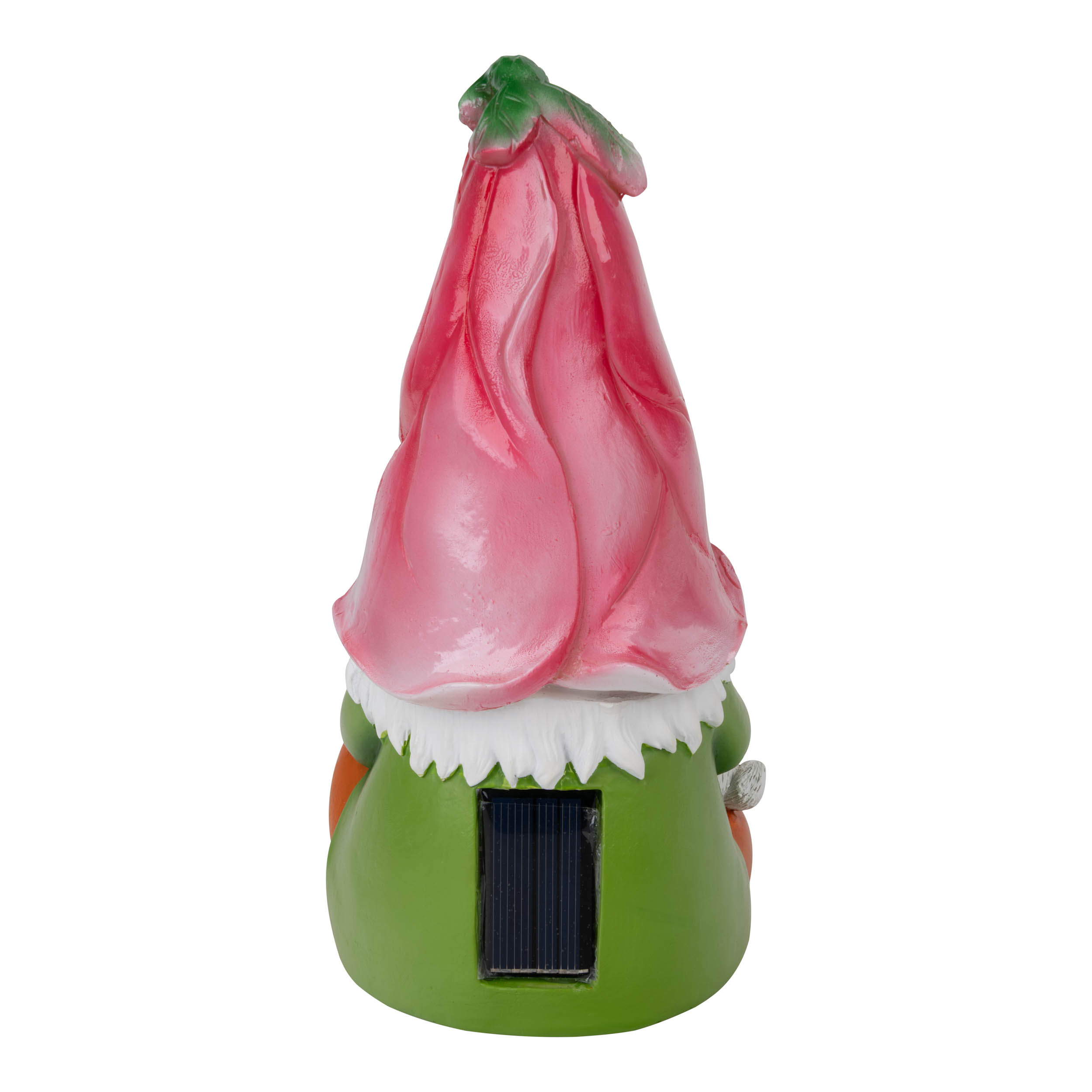 Grüner Gartenzwerg mit rosa Hut und Solarpanel.