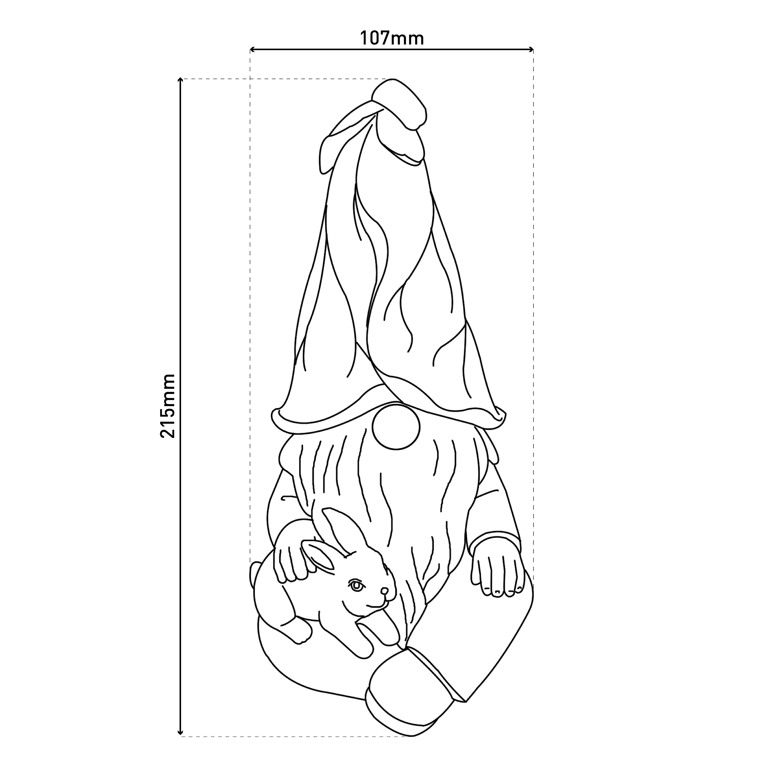 Outline of a gnome with a rabbit. Dimensions shown.
