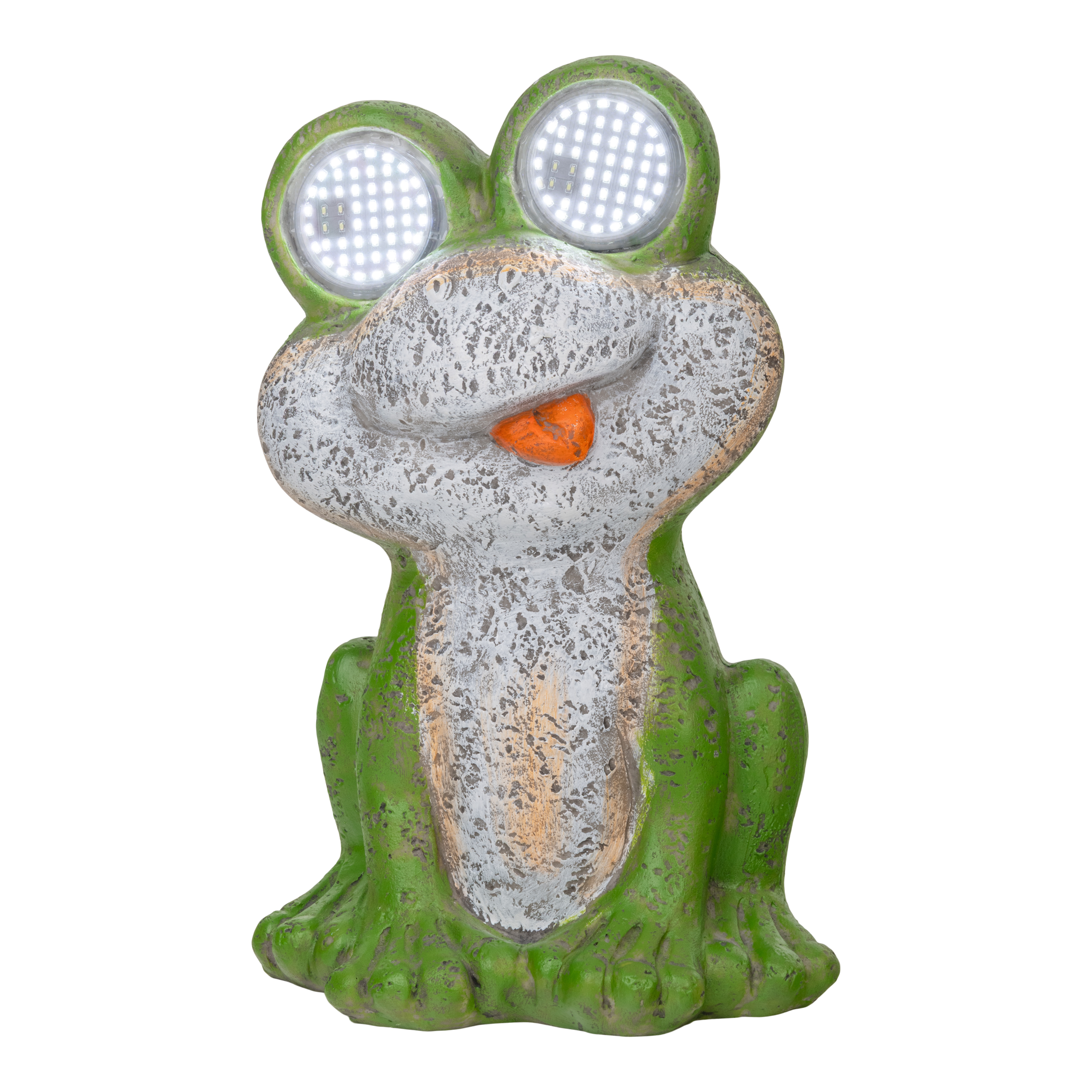 Grüne Froschfigur mit beleuchteten Augen und oranger Nase.