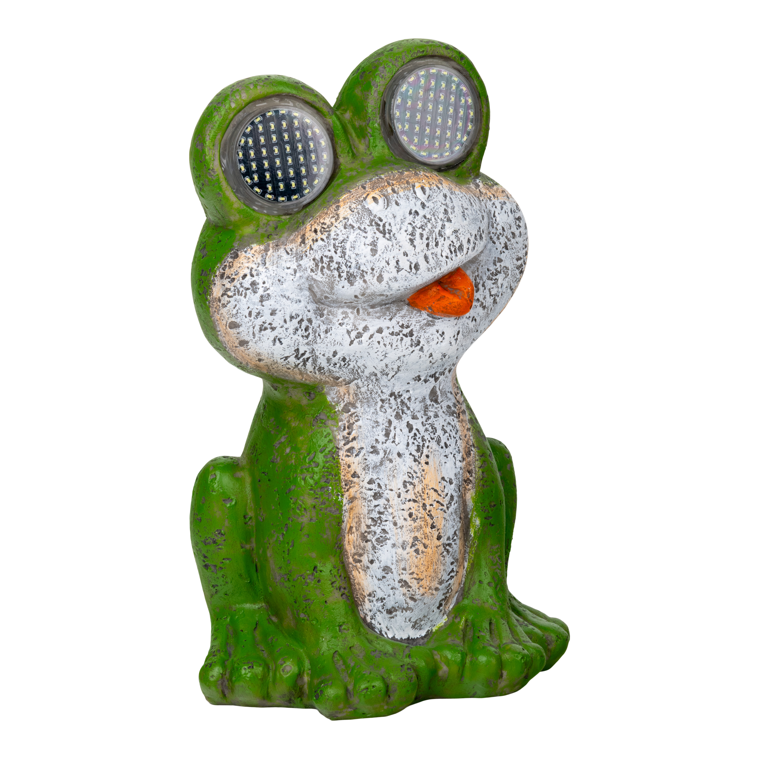 Grüne Froschstatue mit großen runden Augen, die wie Lichter aussehen.