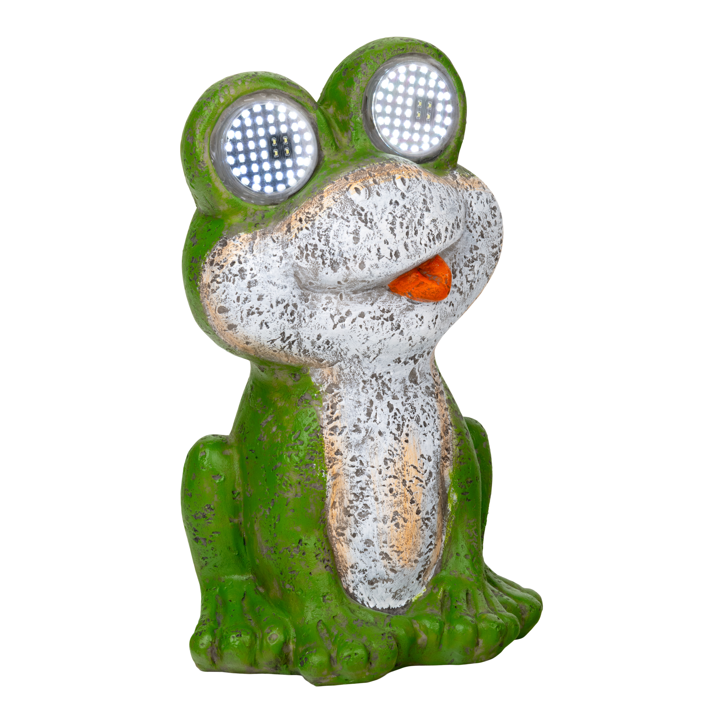 Grüne Froschfigur mit leuchtenden Augen und orangefarbener Zunge.