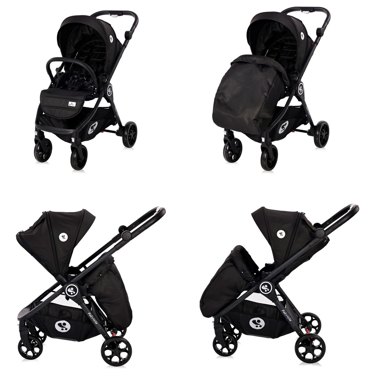 Vier Ansichten eines schwarzen Kinderwagens mit Verdeck, Griff und Rädern.