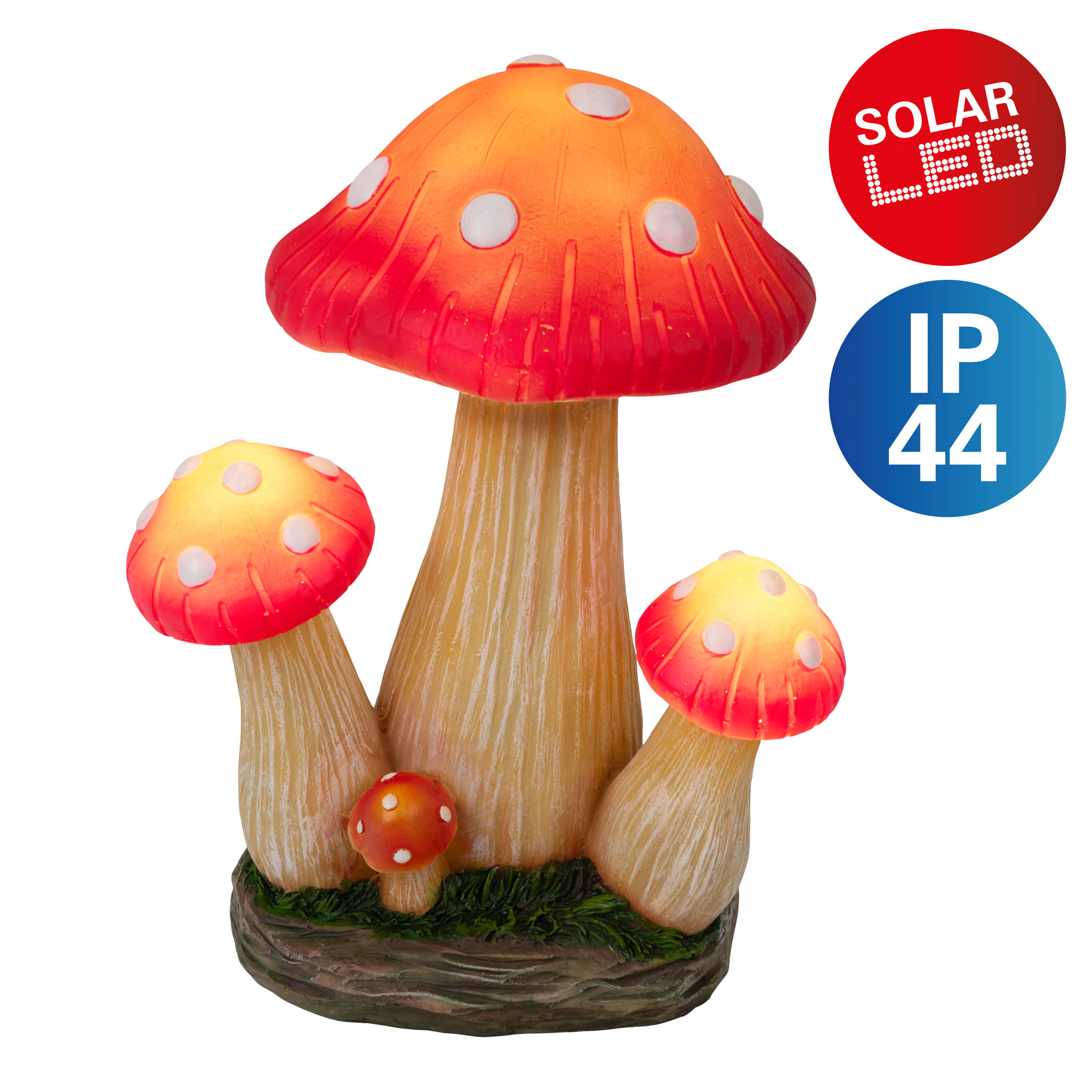 Dekorative Pilzlampe mit Solar-LED und IP44-Schutz.