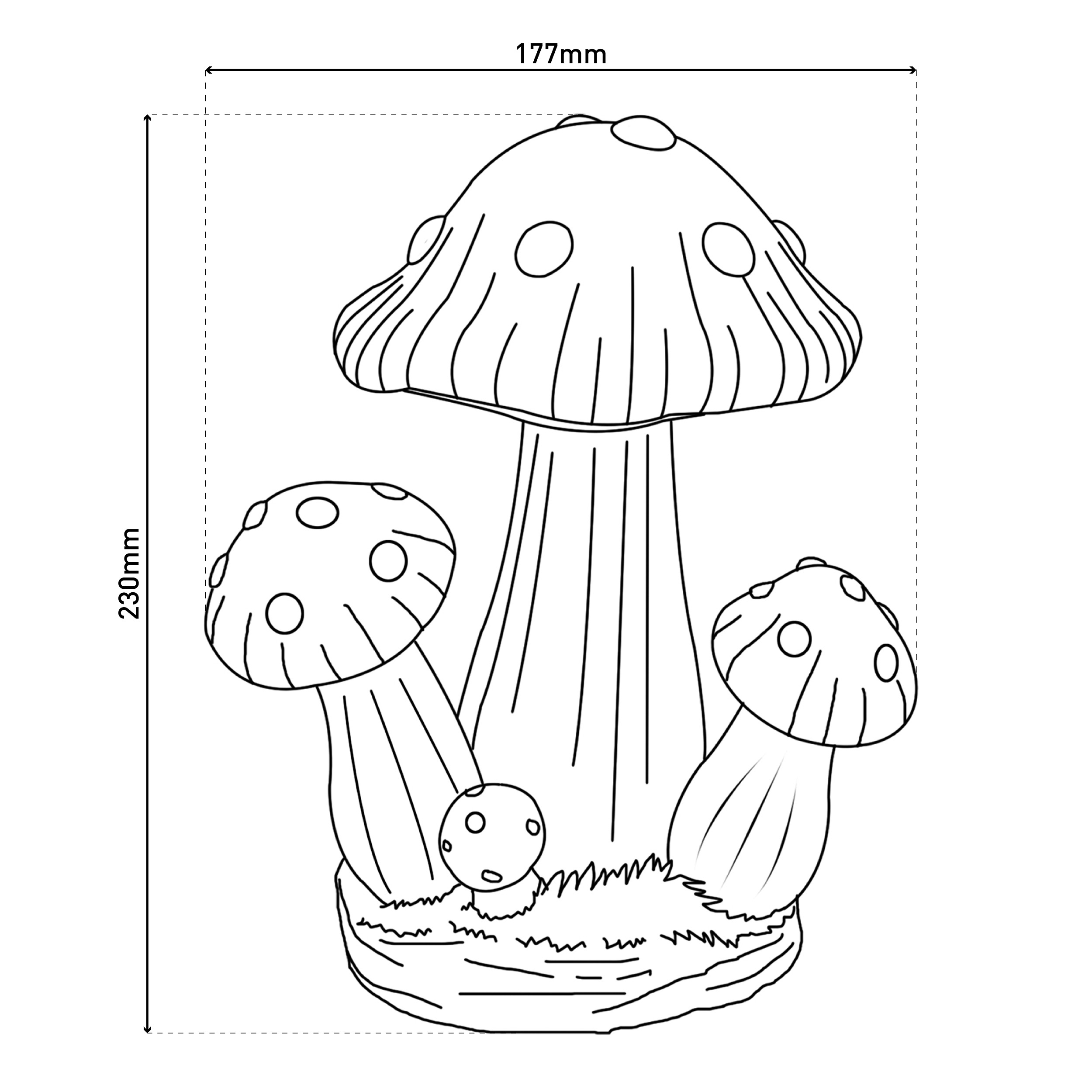 Zeichnung von Pilzen mit Maßen. Ein großer Pilz steht im Zentrum, flankiert von kleineren.