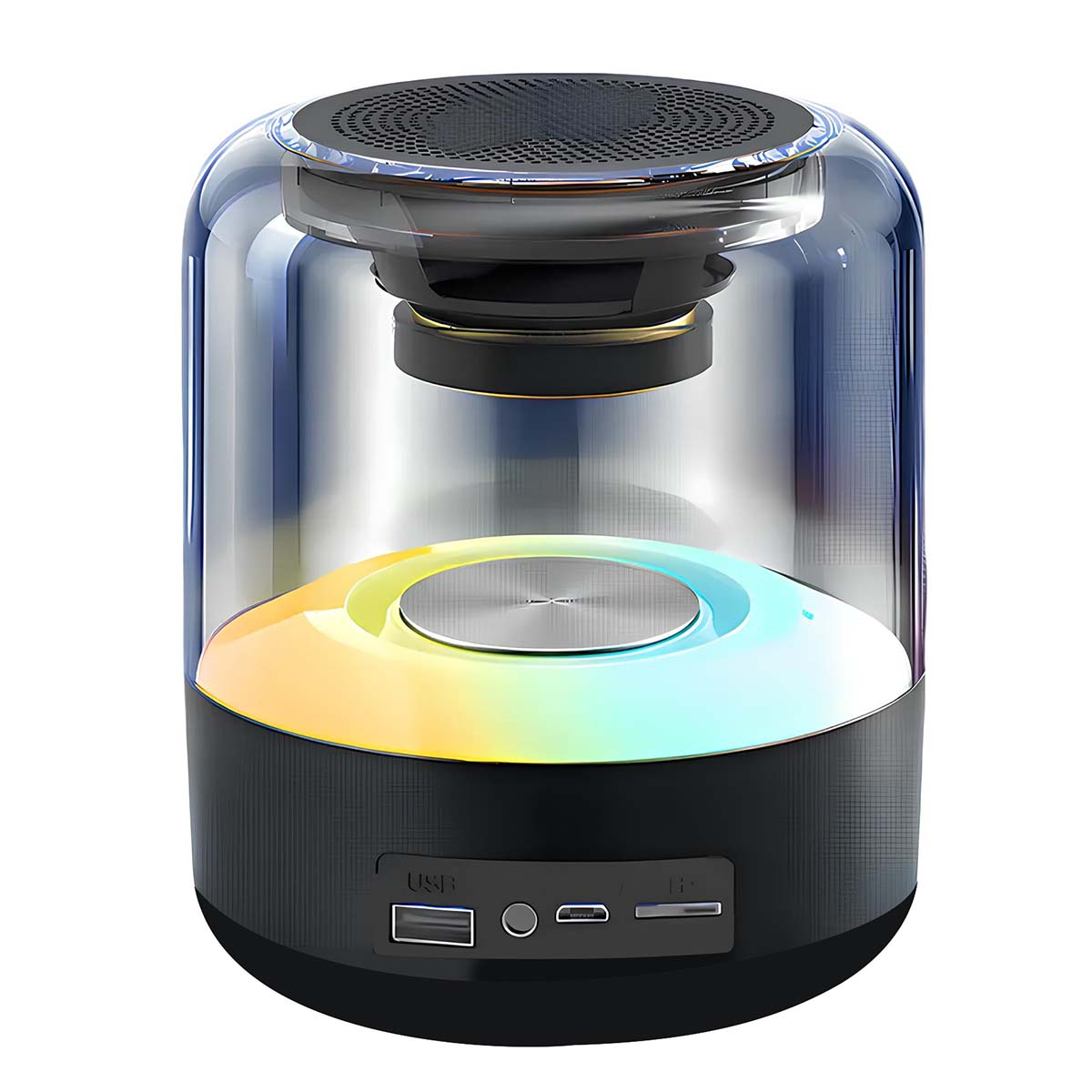 Ein transparenter Lautsprecher mit RGB-Beleuchtung und USB-Anschlüssen auf der Vorderseite.