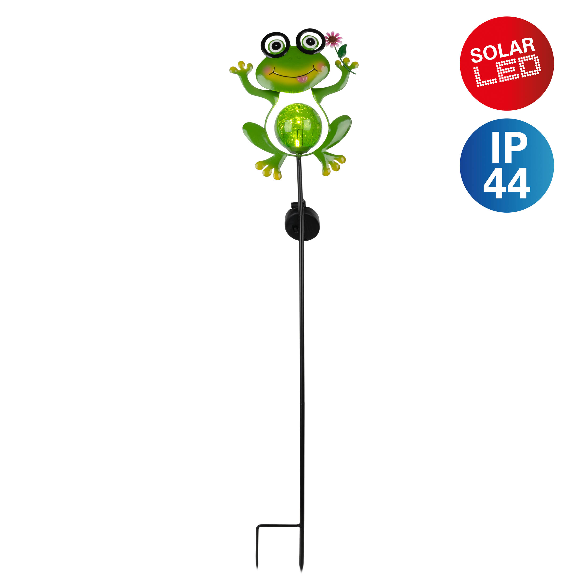 Grüner Metall-Frosch-Gartenstecker mit Solar-LED-Kugel und IP44-Siegel.