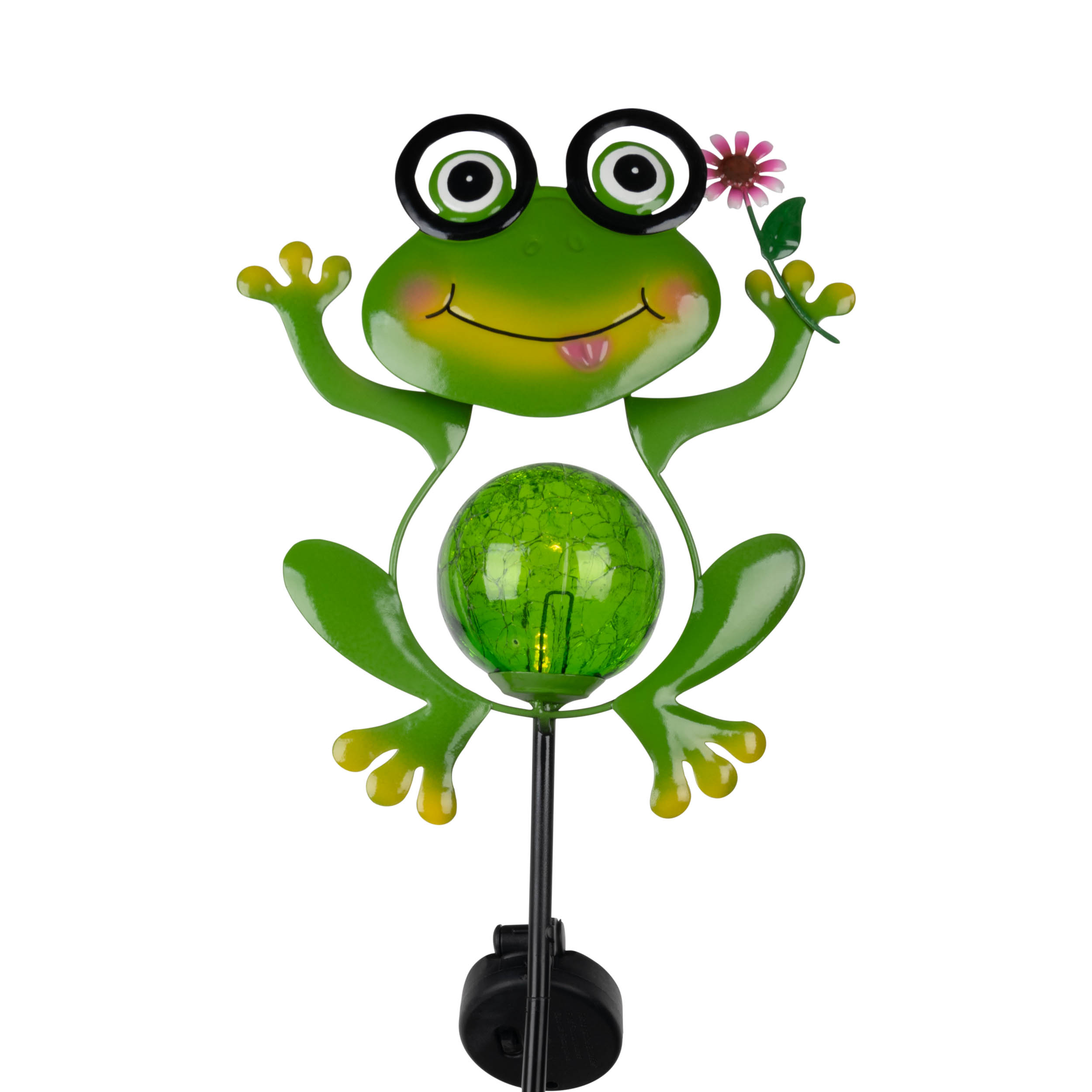 Grüne Metallfrosch-Gartenleuchte mit Glaskugel und Blume.