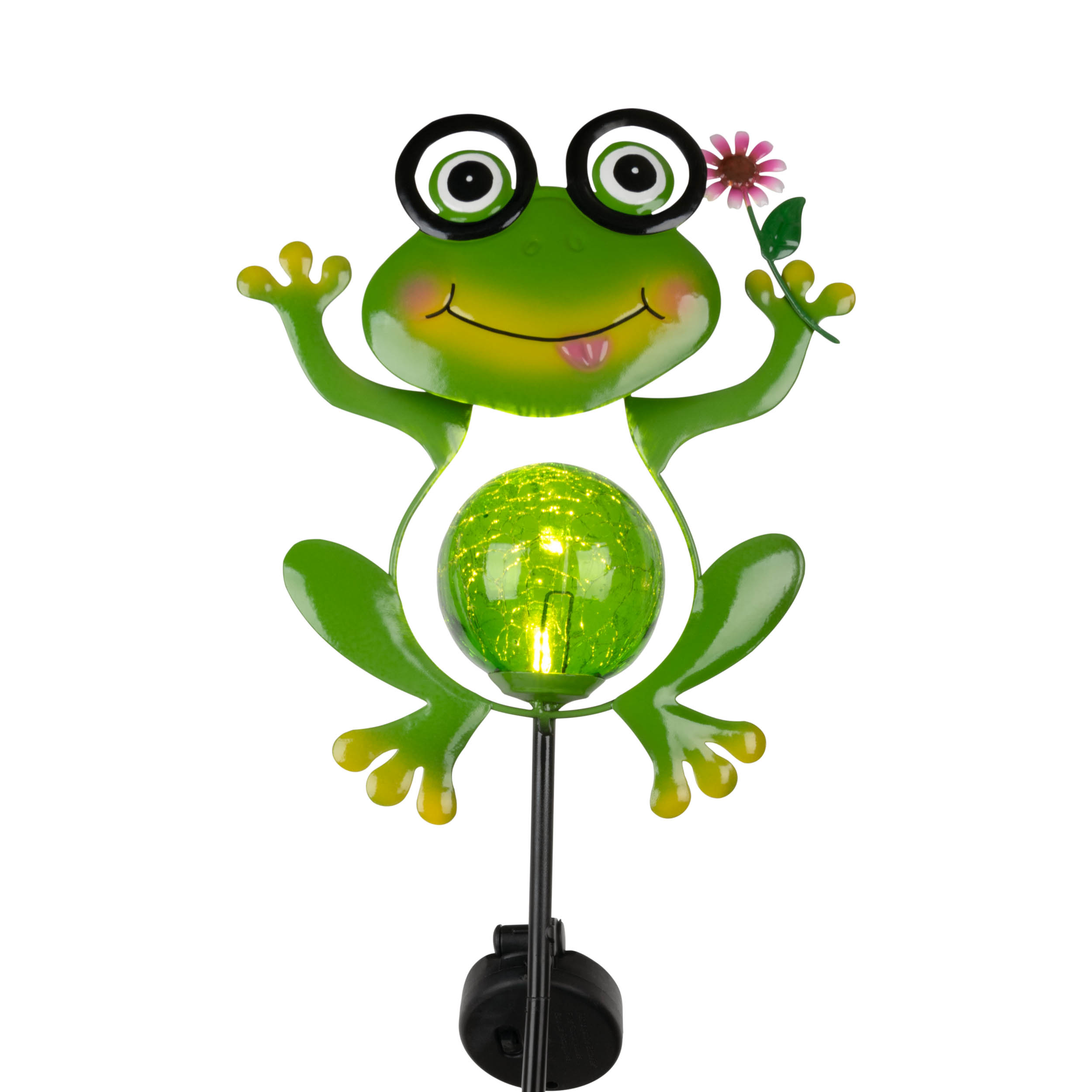 Grüner Frosch-Gartenstecker mit leuchtender Kugel und Blume.