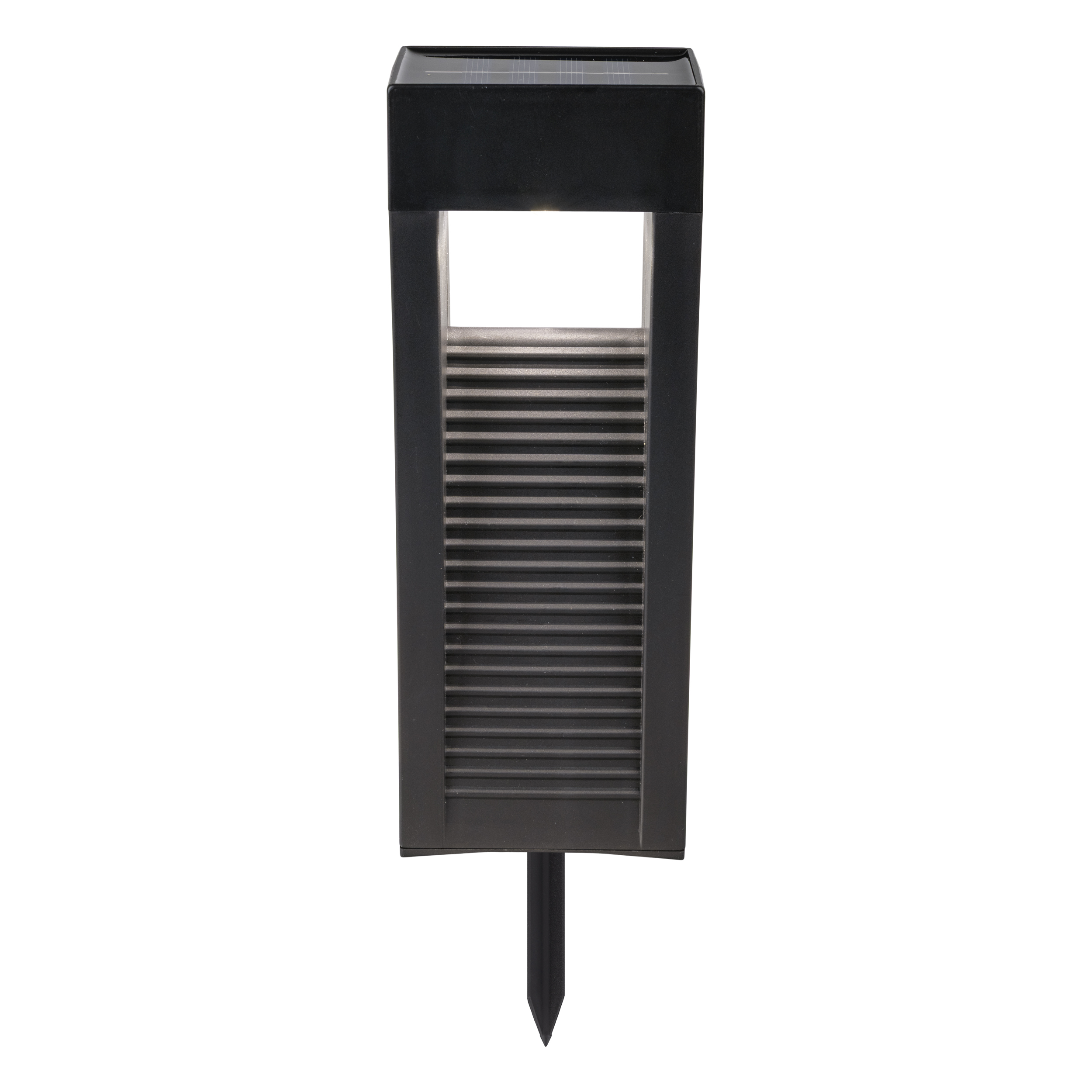 Schwarze Solarleuchte mit Lamellen und Erdspieß, auf weißem Grund.
