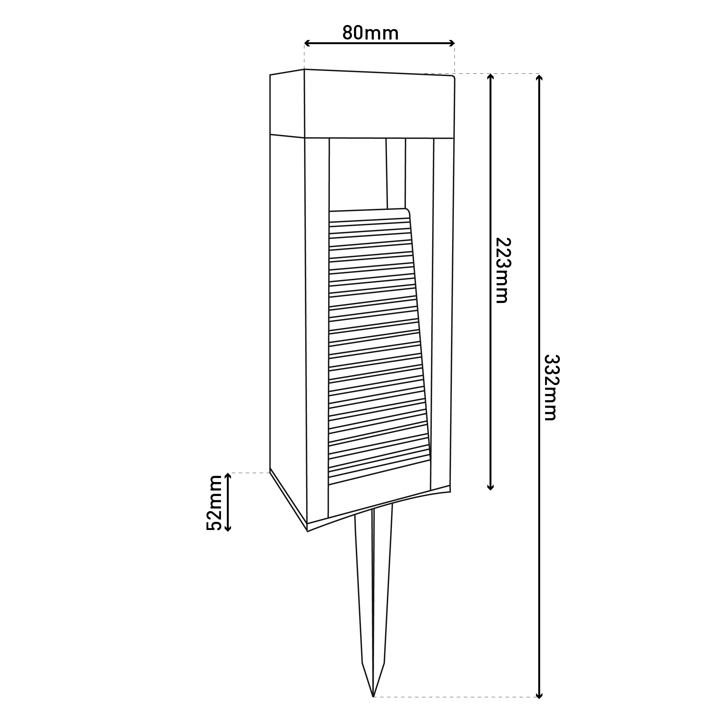 Technische Zeichnung eines Erdspießes mit Maßen 80mm, 223mm und 332mm.