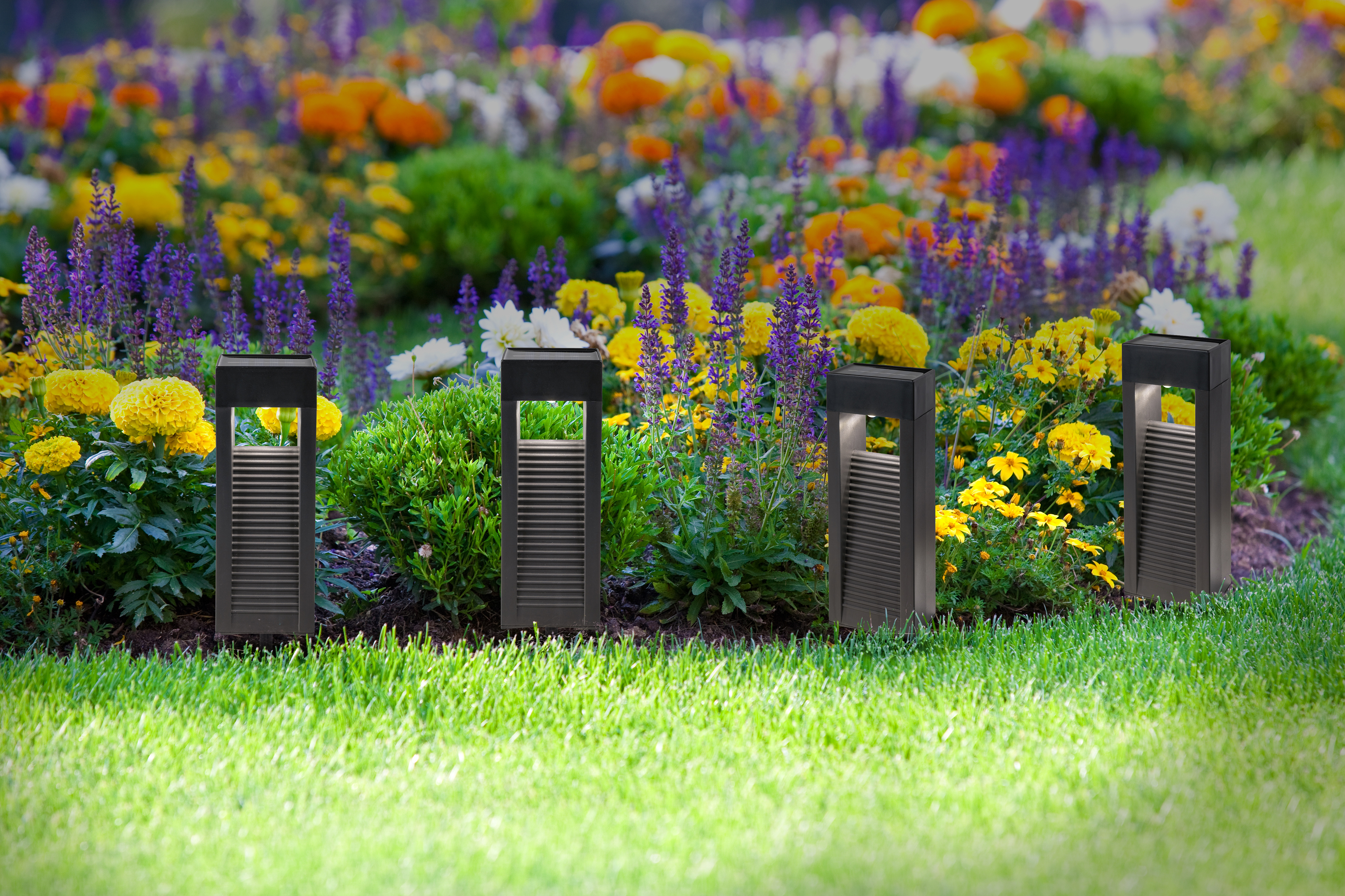 Vier dunkle Gartenleuchten stehen vor einem bunten Blumenbeet mit gelben und violetten Blumen.