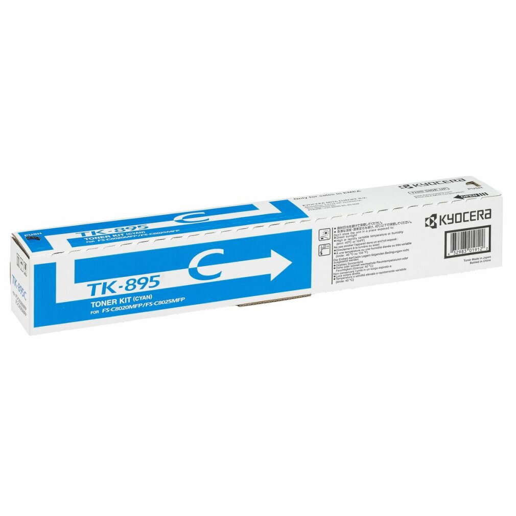 Kit toner Kyocera TK-895 ciano in confezione blu con simbolo freccia.