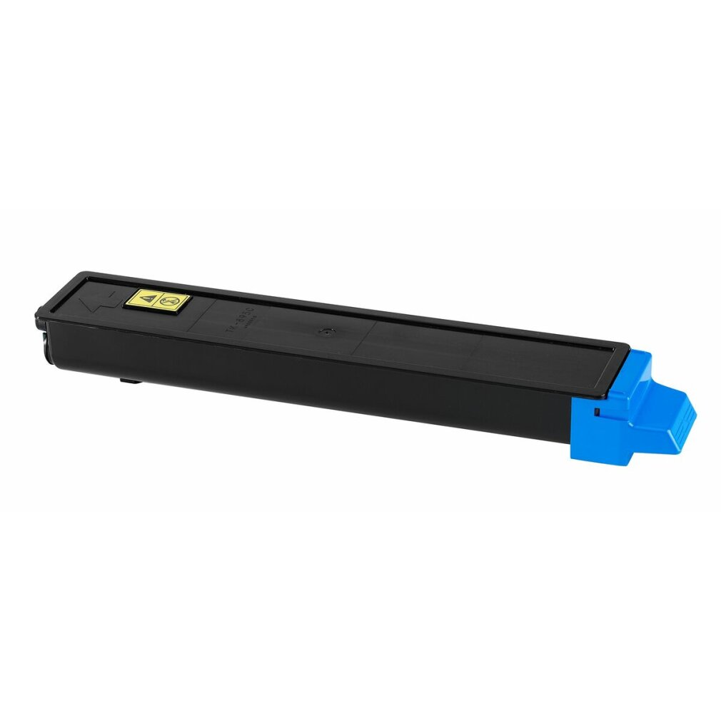 Cartuccia toner nera con estremità blu su sfondo bianco.
