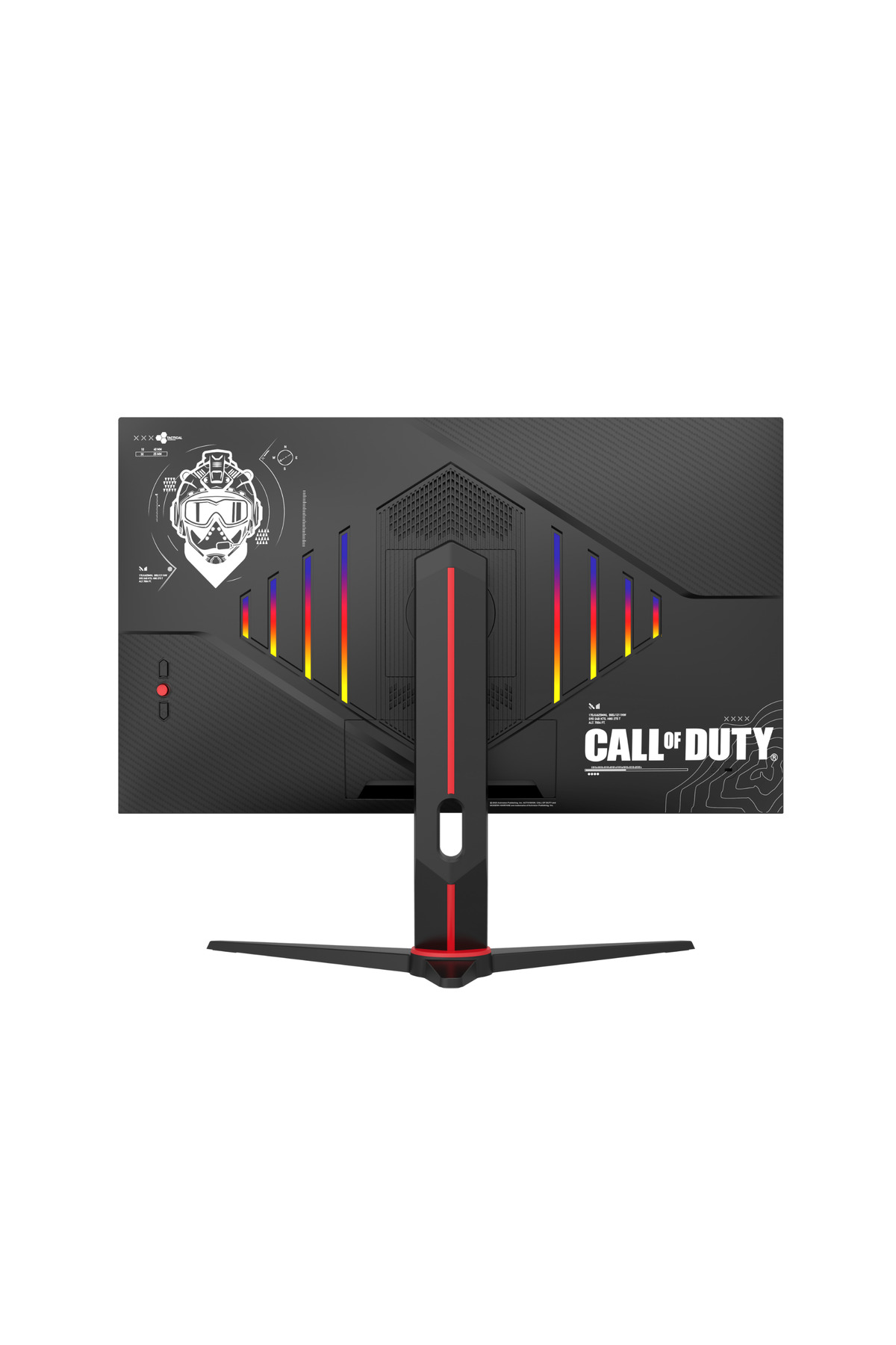 Call of Duty logosu ve renkli ışıklar içeren siyah monitörün arkası.
