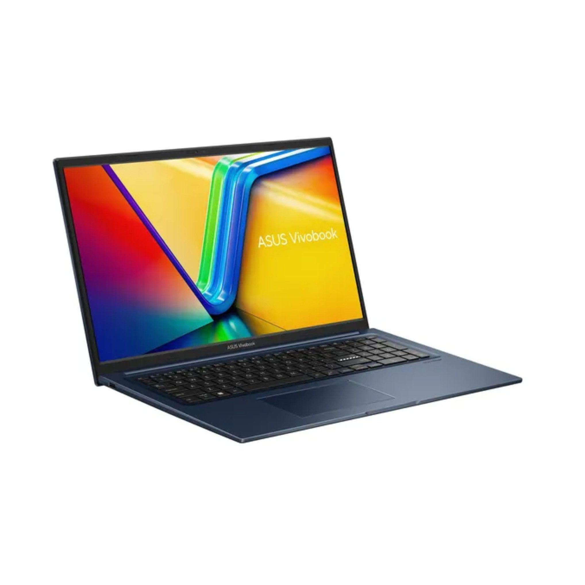 Ein dunkelblauer ASUS Vivobook Laptop mit einem farbenfrohen Hintergrundbild.