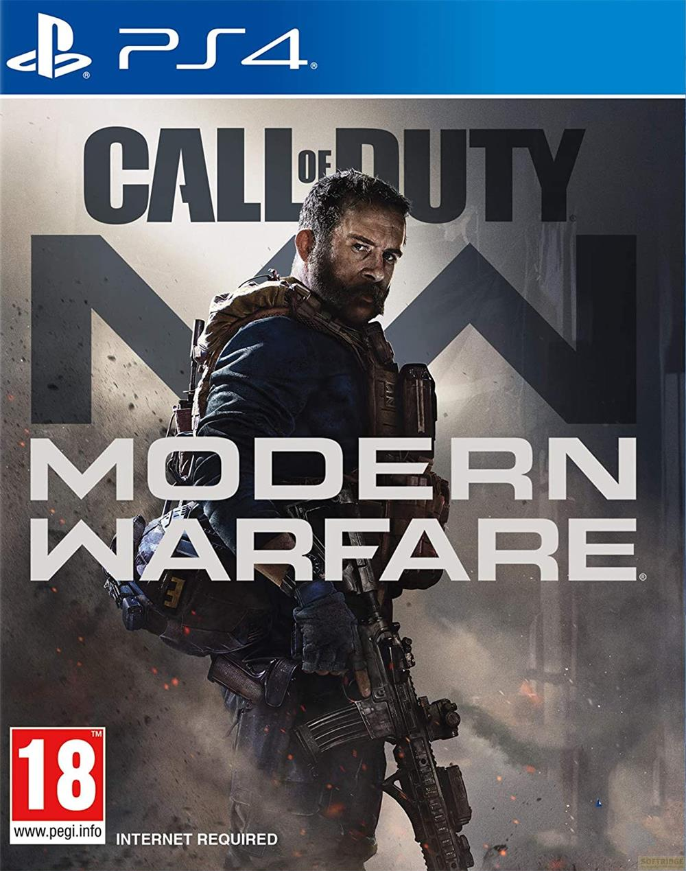 Copertina gioco PS4 Call of Duty Modern Warfare. Soldato con fucile. Età 18.