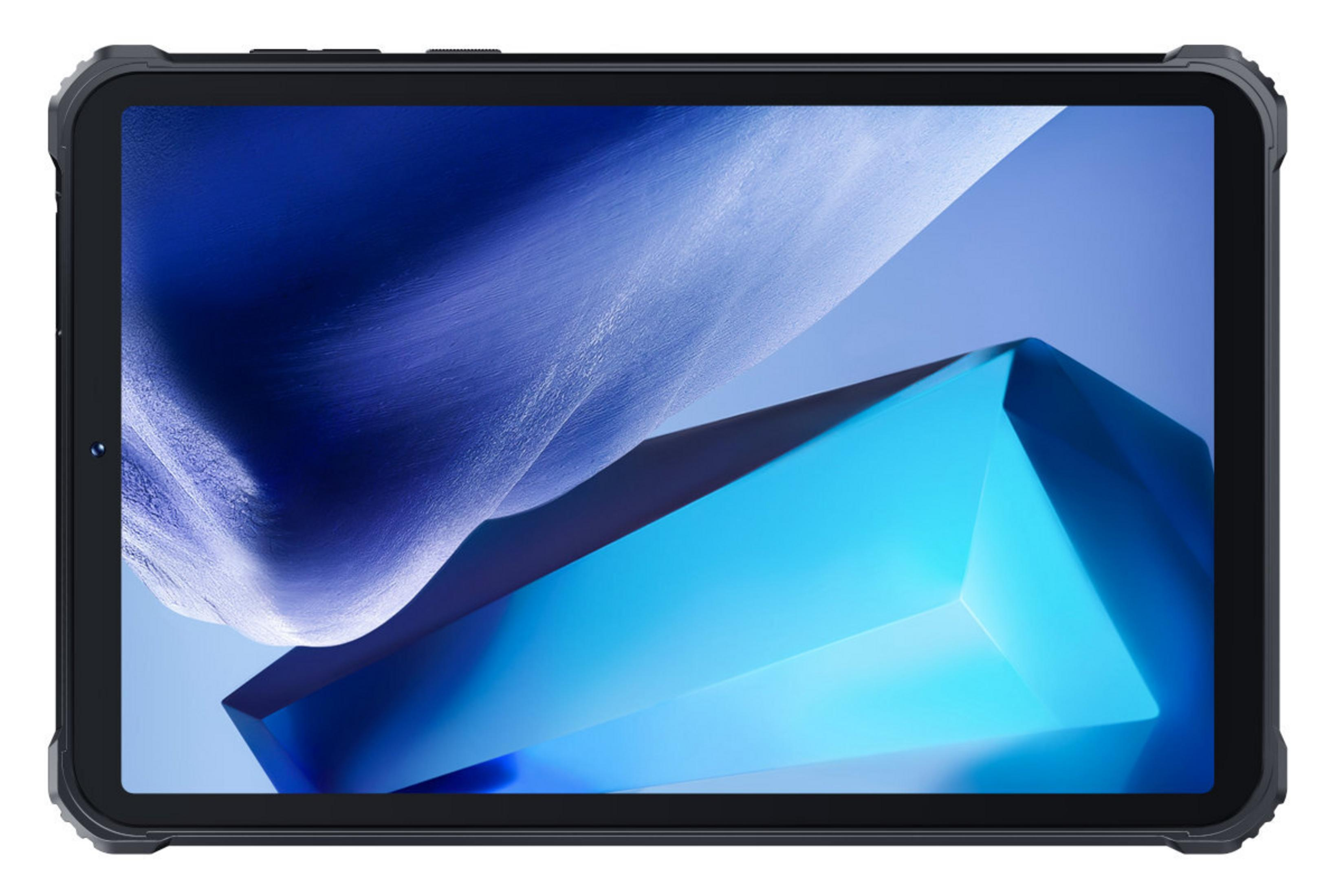 Un tablet nero con uno sfondo astratto blu.