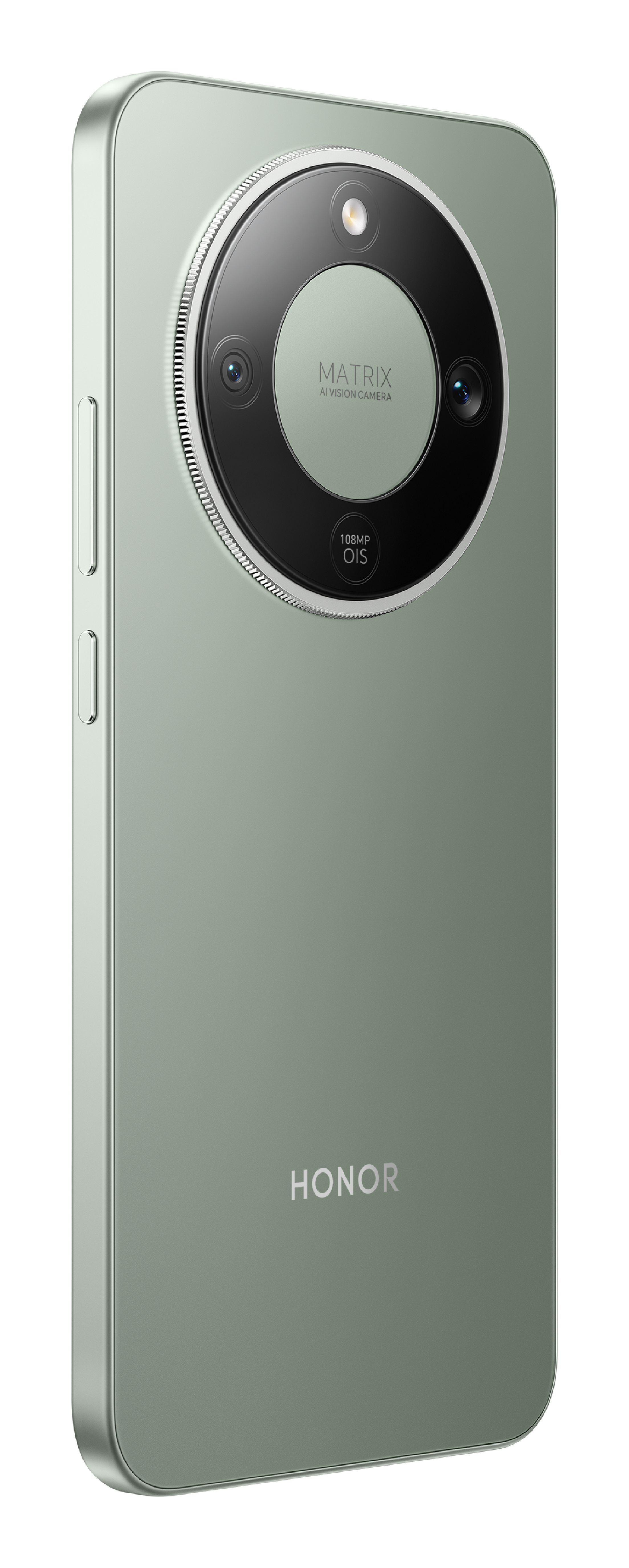 Tył jasnooliwkowego smartfona HONOR z potrójnym aparatem i 108MP OIS.