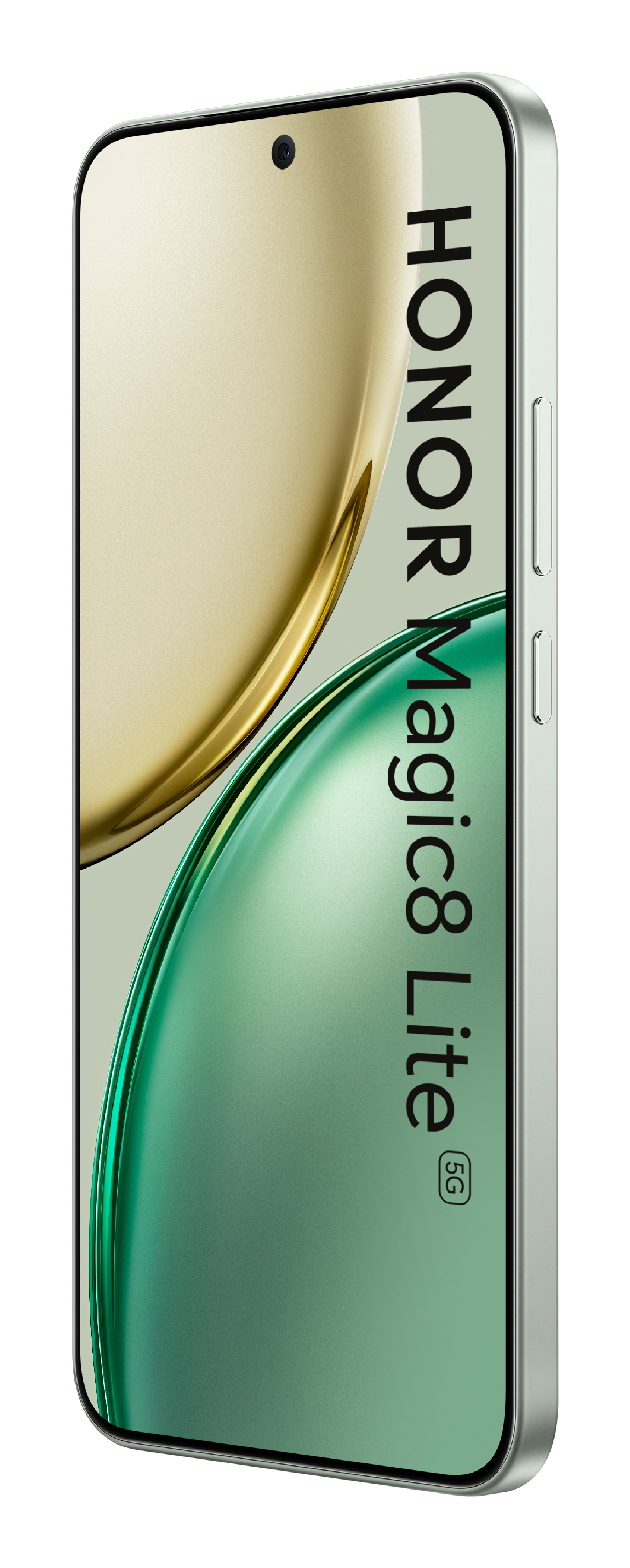 Uno smartphone HONOR Magic8 Lite 5G argentato con gradiente verde e oro sullo schermo.