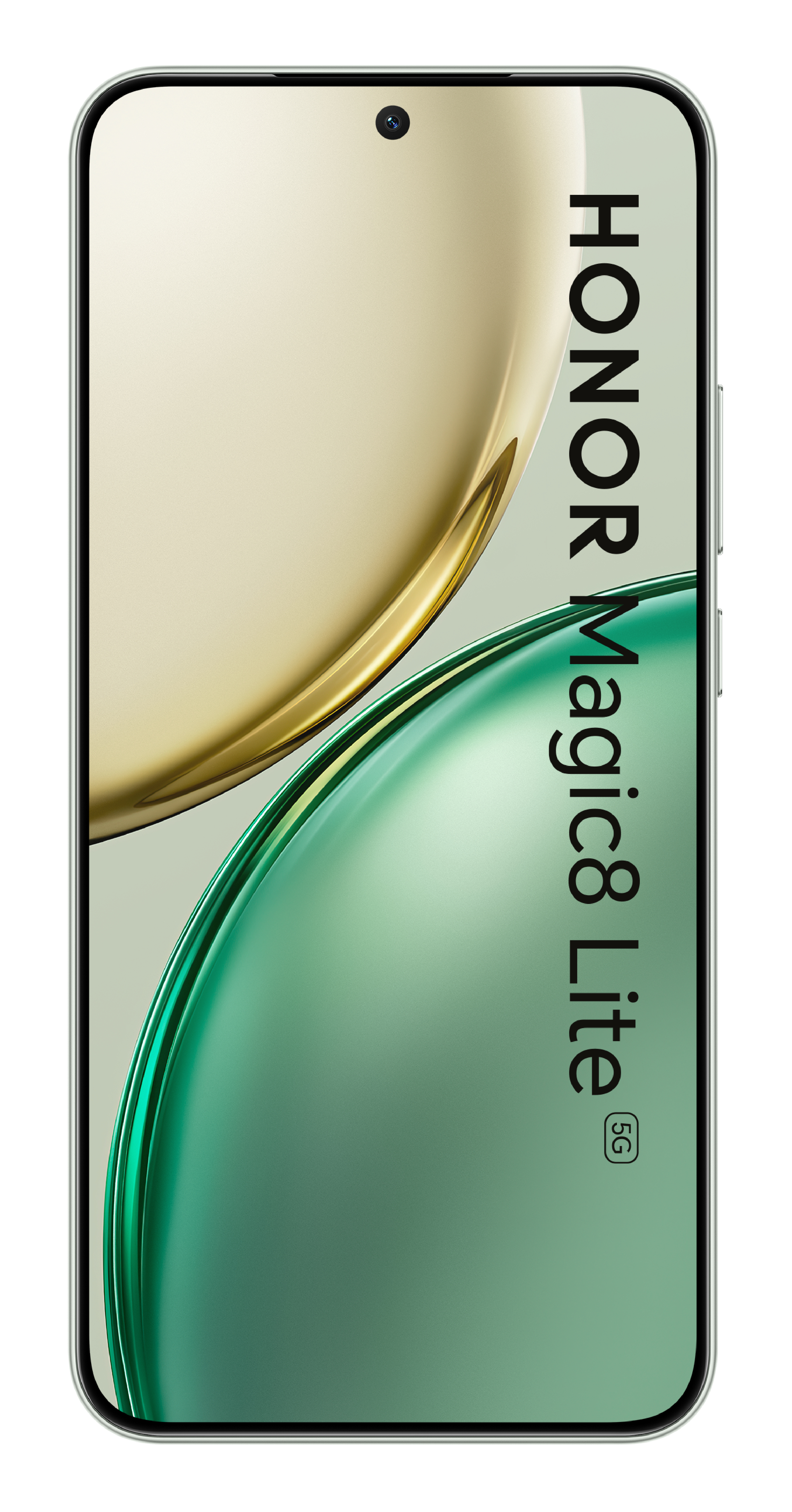 Smartphone HONOR Magic8 Lite 5G con accenti dorati e verdi sullo schermo.