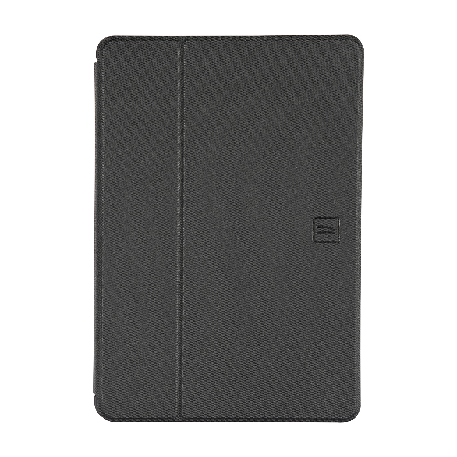 Dunkelgraues Tabletgehäuse mit gefaltetem Deckel und Logo.