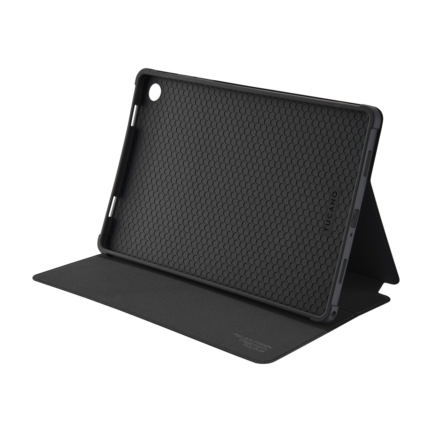 Custodia nera per tablet con motivo a nido d'ape sul retro e patta in piedi.