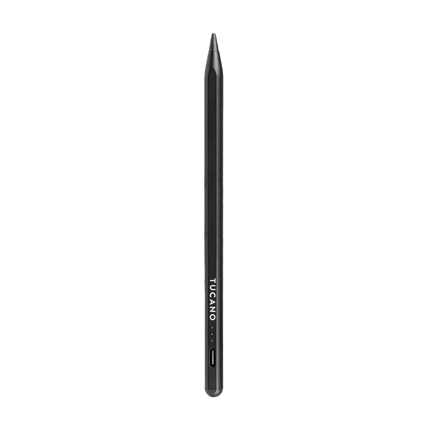 Un elegante stilo nero con punta acuminata e porta di ricarica.