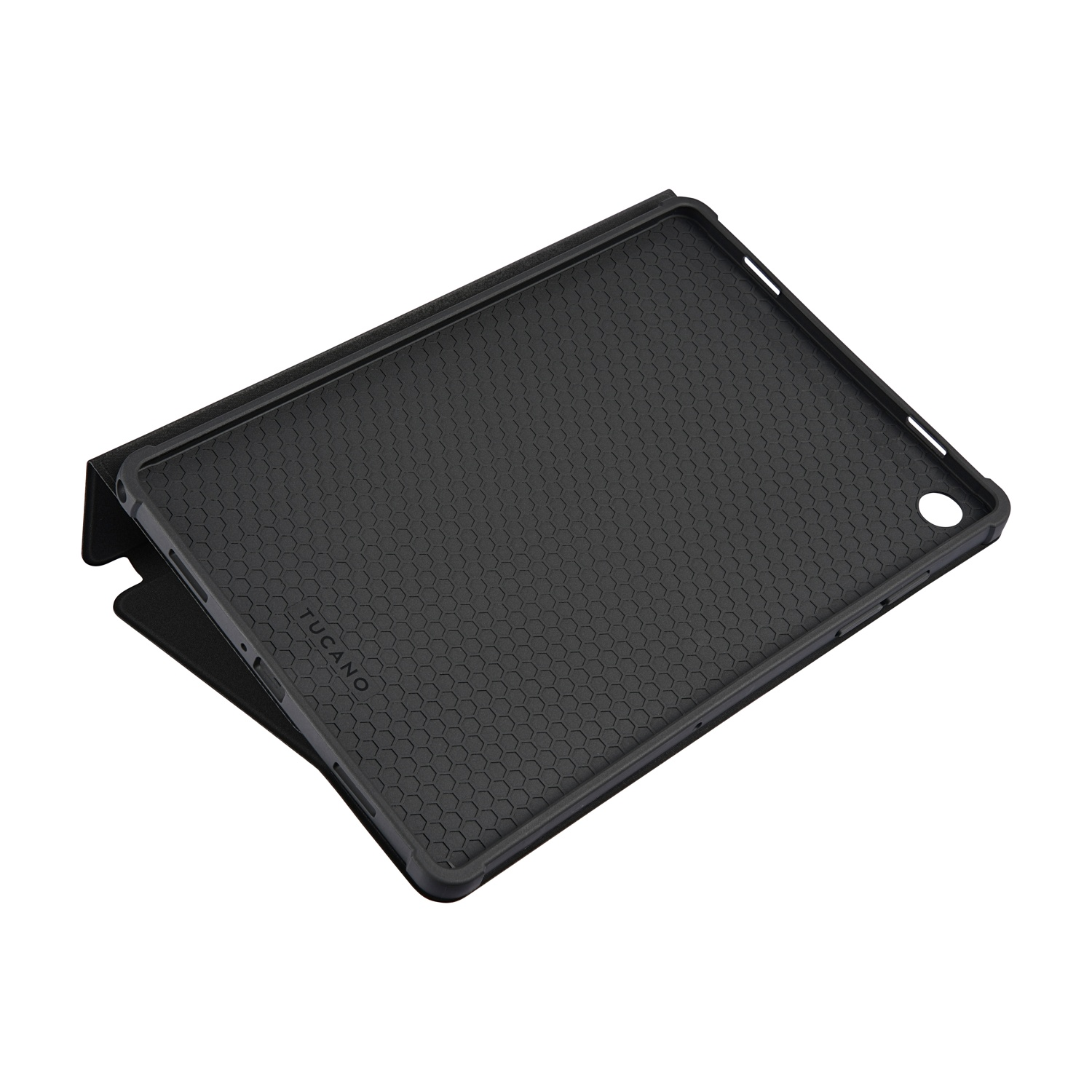 Custodia nera per tablet con motivo a nido d'ape e logo Tucano.