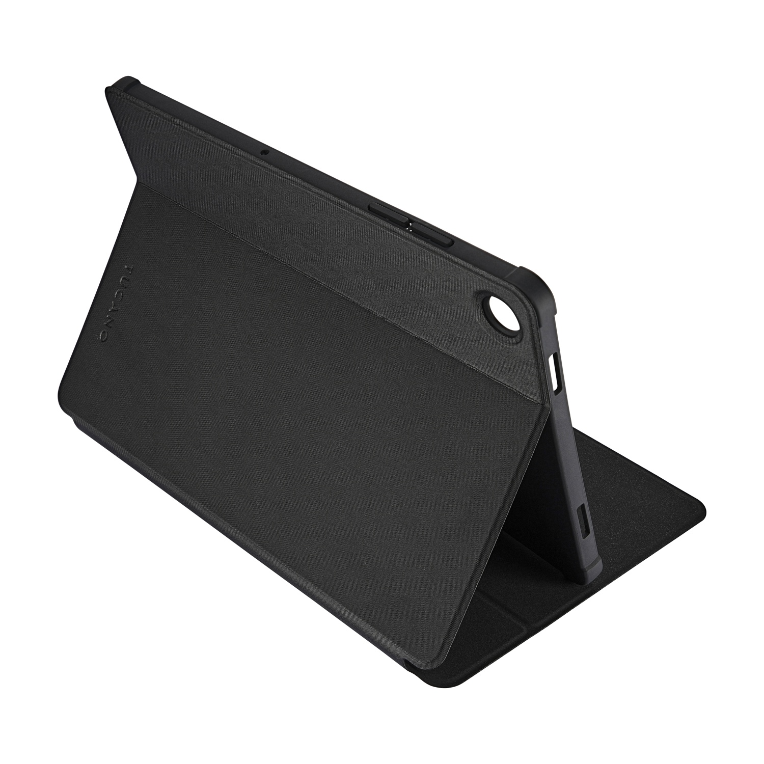 Custodia nera per tablet in piedi, sfondo bianco.