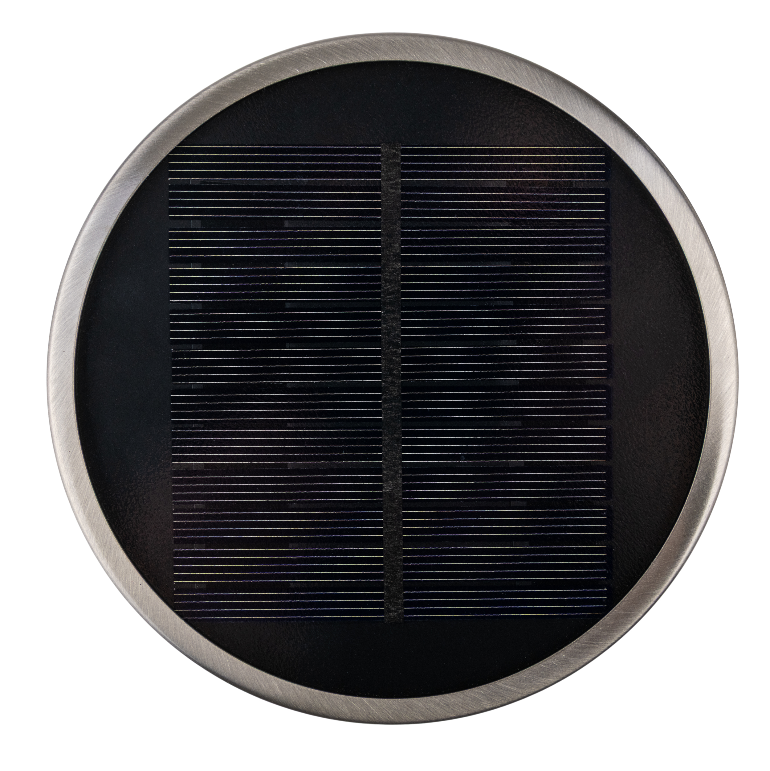 Ein kreisförmiges Solarpanel mit Metallrand.