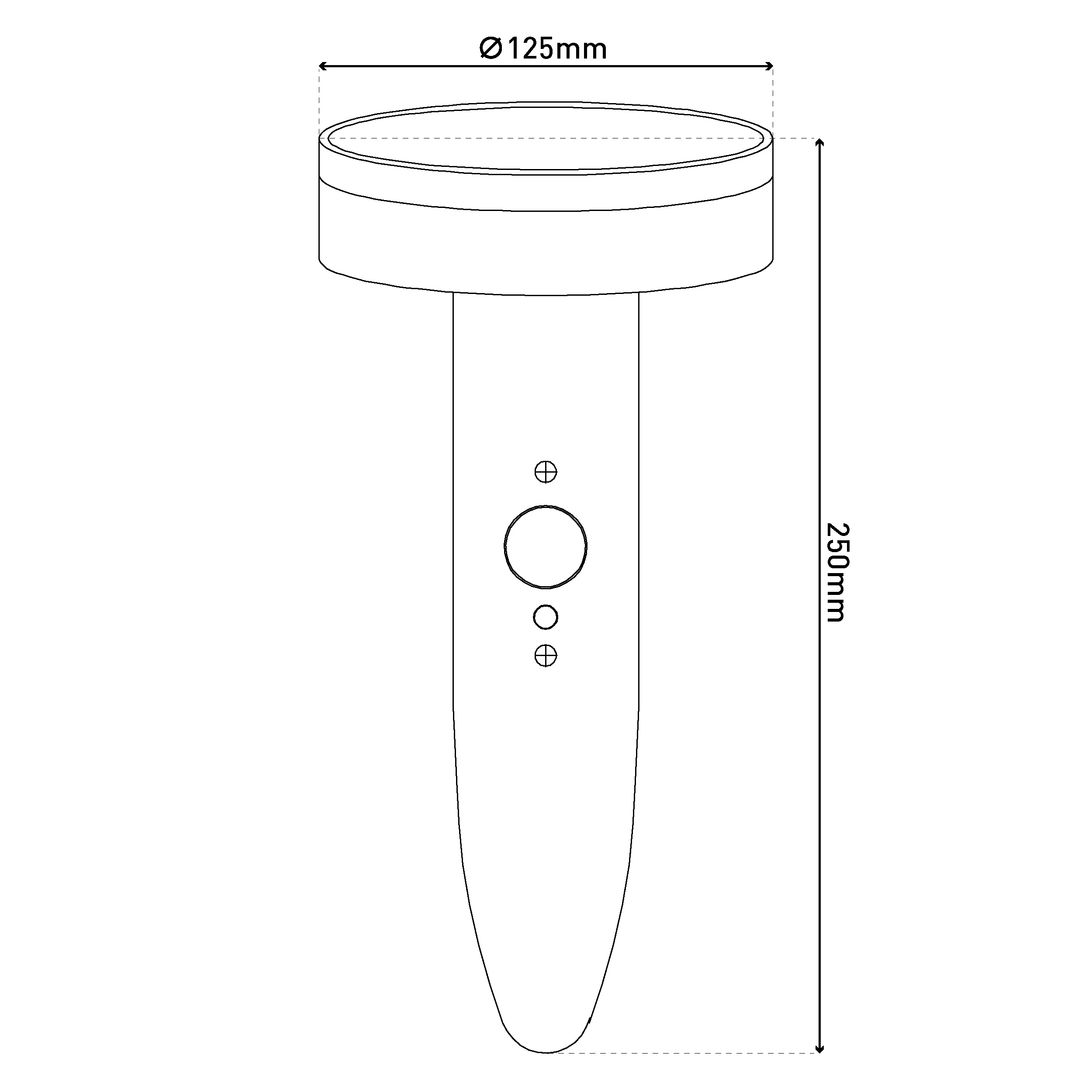 Technische Zeichnung eines Objekts mit Maßen 125mm Durchmesser und 250mm Höhe.