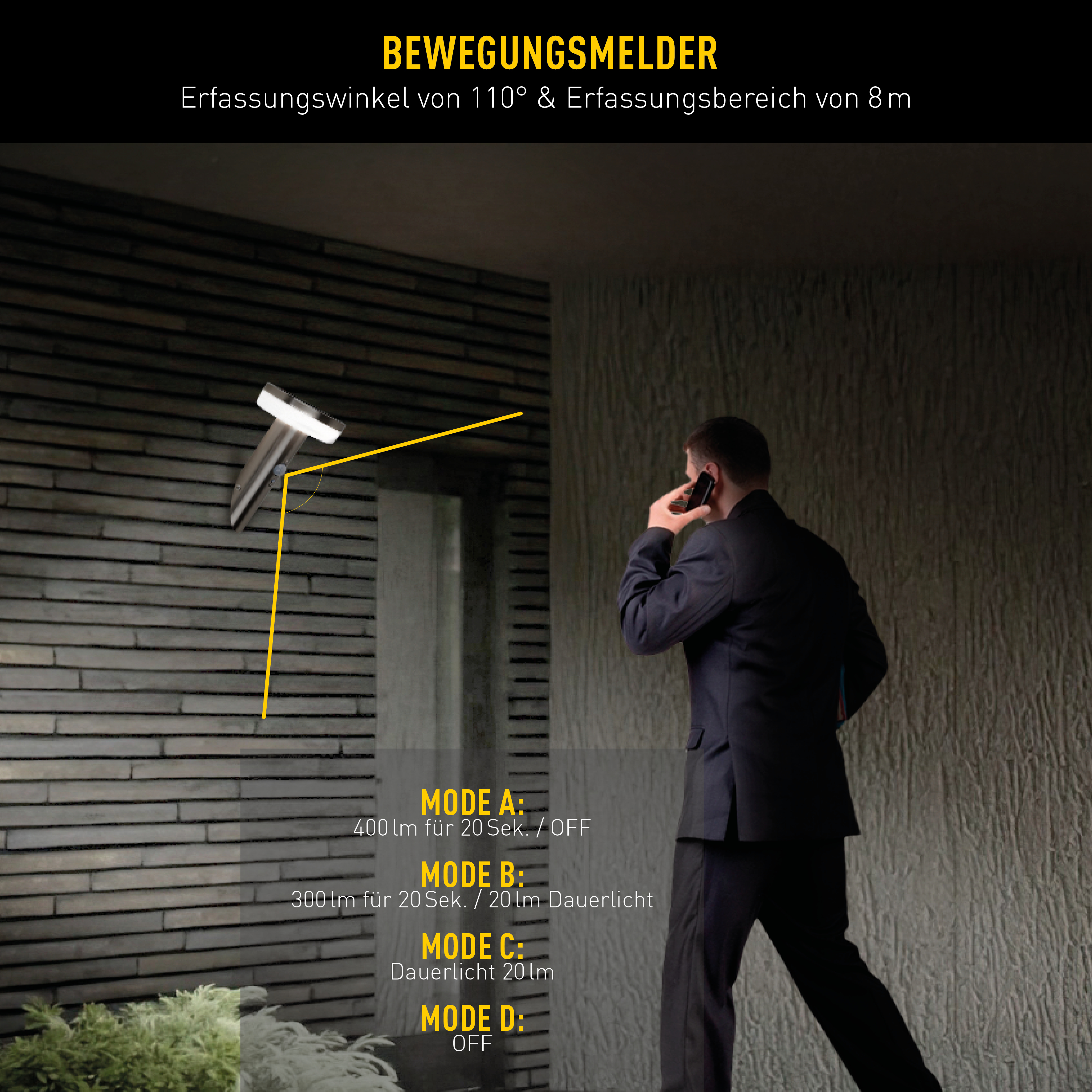 Bewegungsmelder mit 110° Erfassungswinkel, 8m Reichweite. Mann telefoniert.