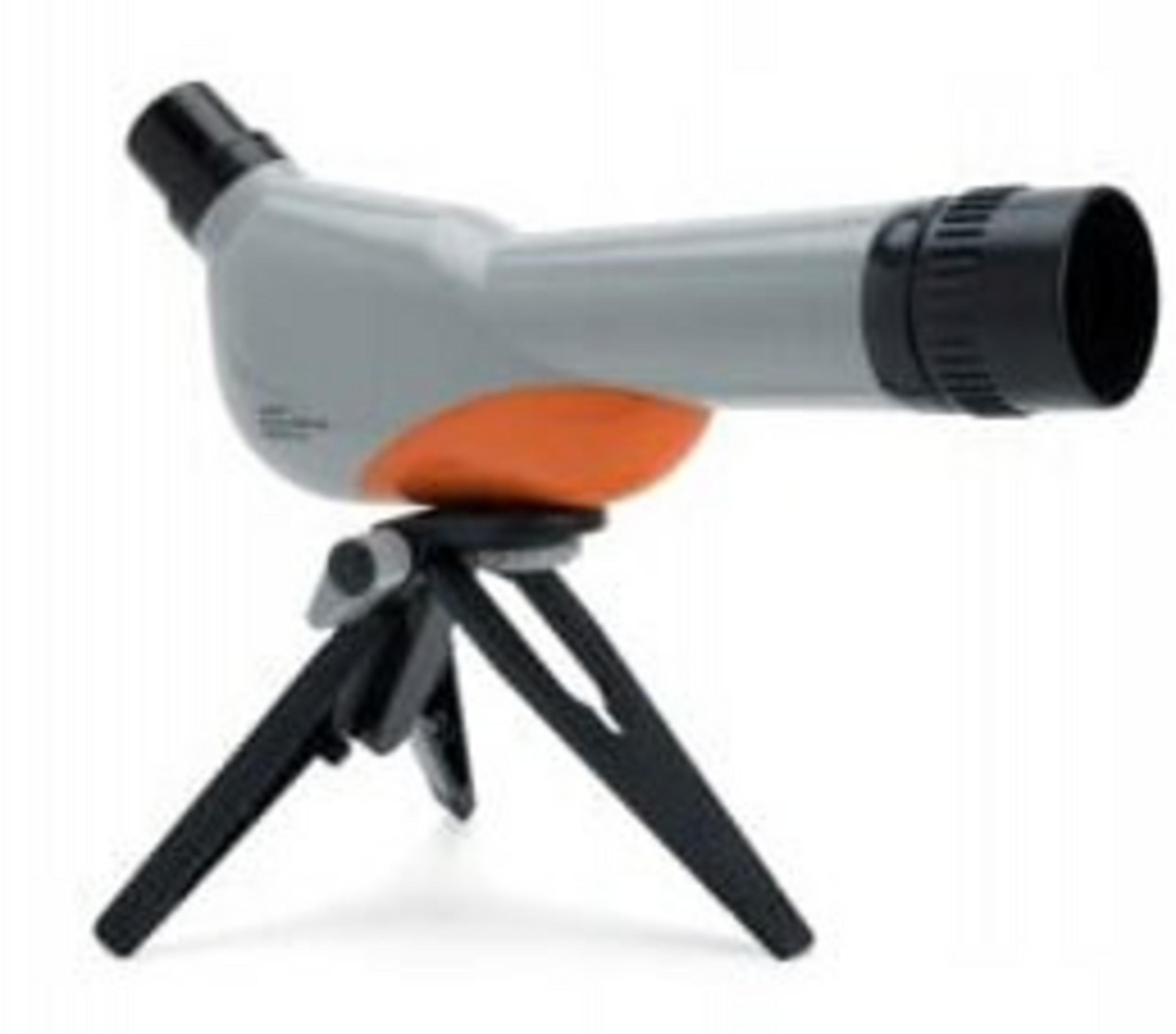 Szary teleskop obserwacyjny z pomarańczowym akcentem na czarnym statywie.