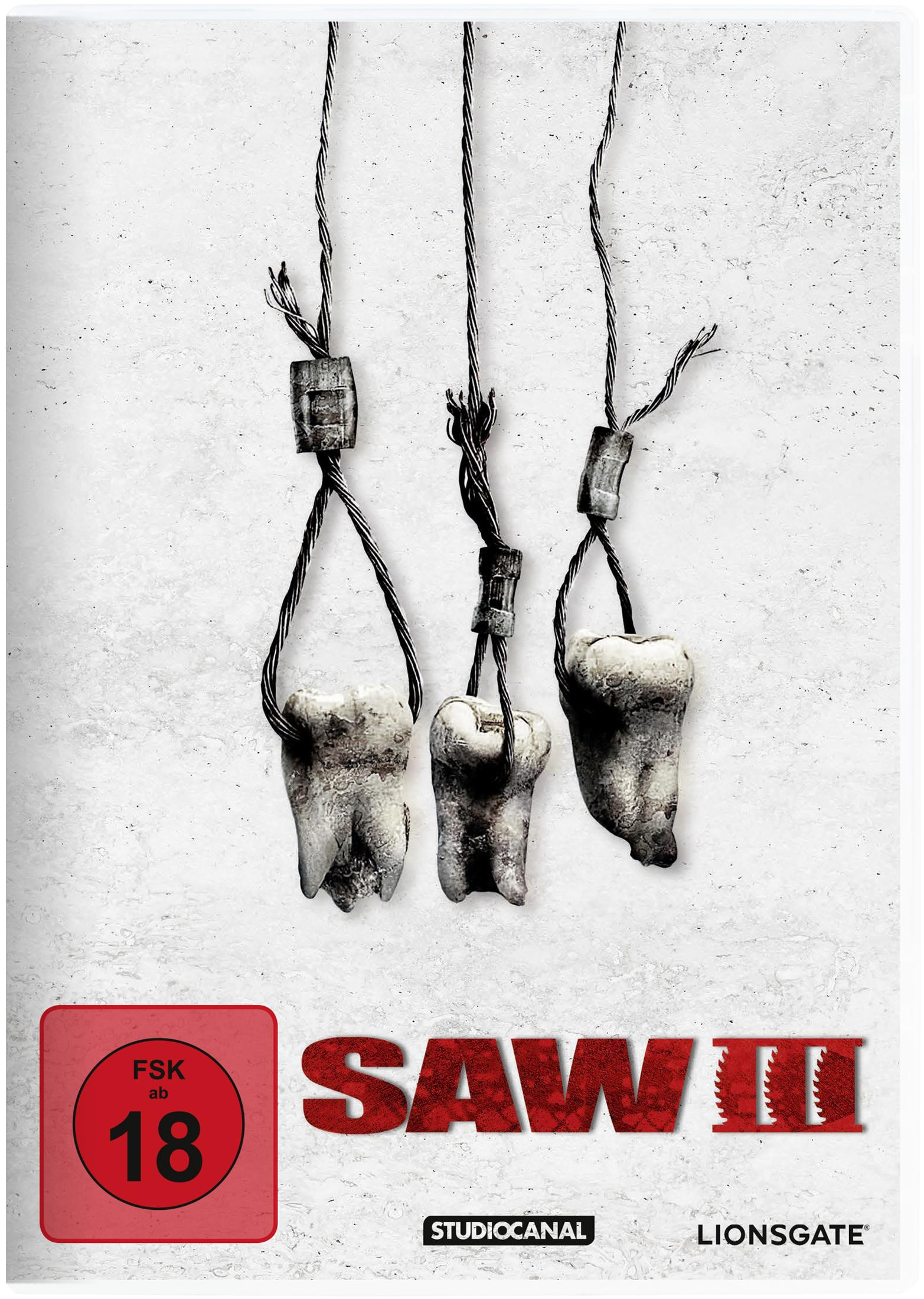 Tre denti pendono da fili su sfondo chiaro. Logo Saw III.