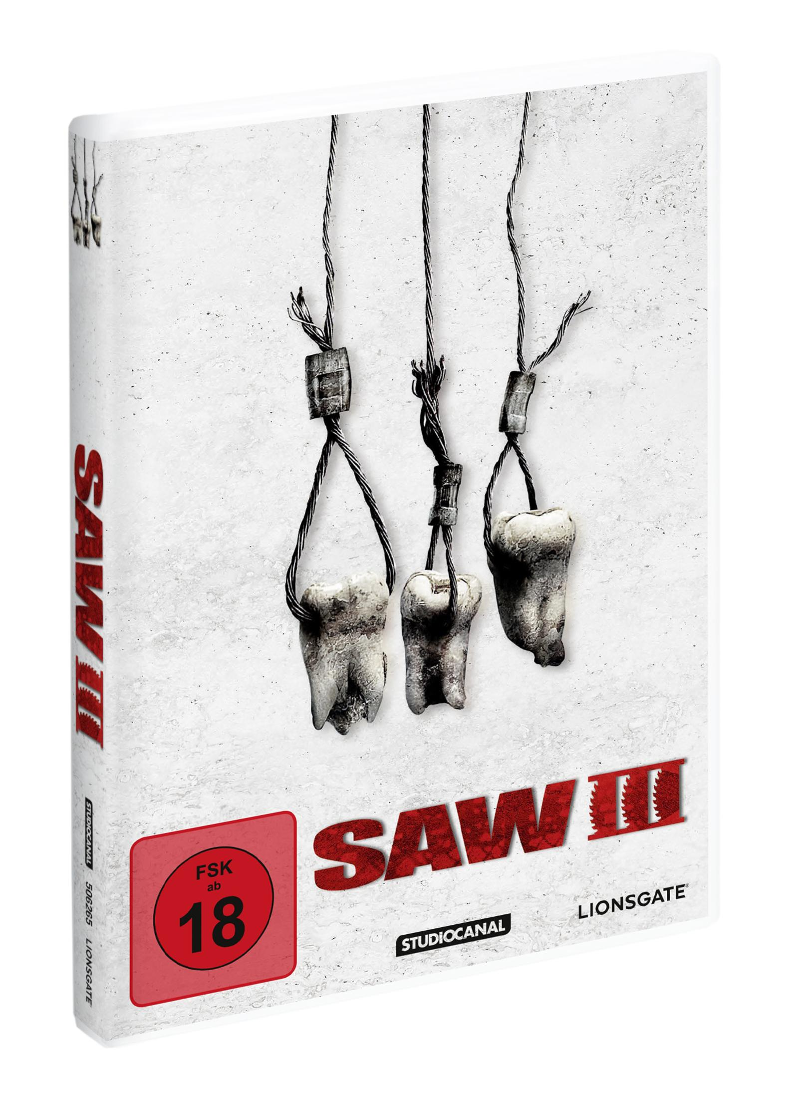 Tre denti appesi a fili. Copertina DVD Saw II con rating 18.