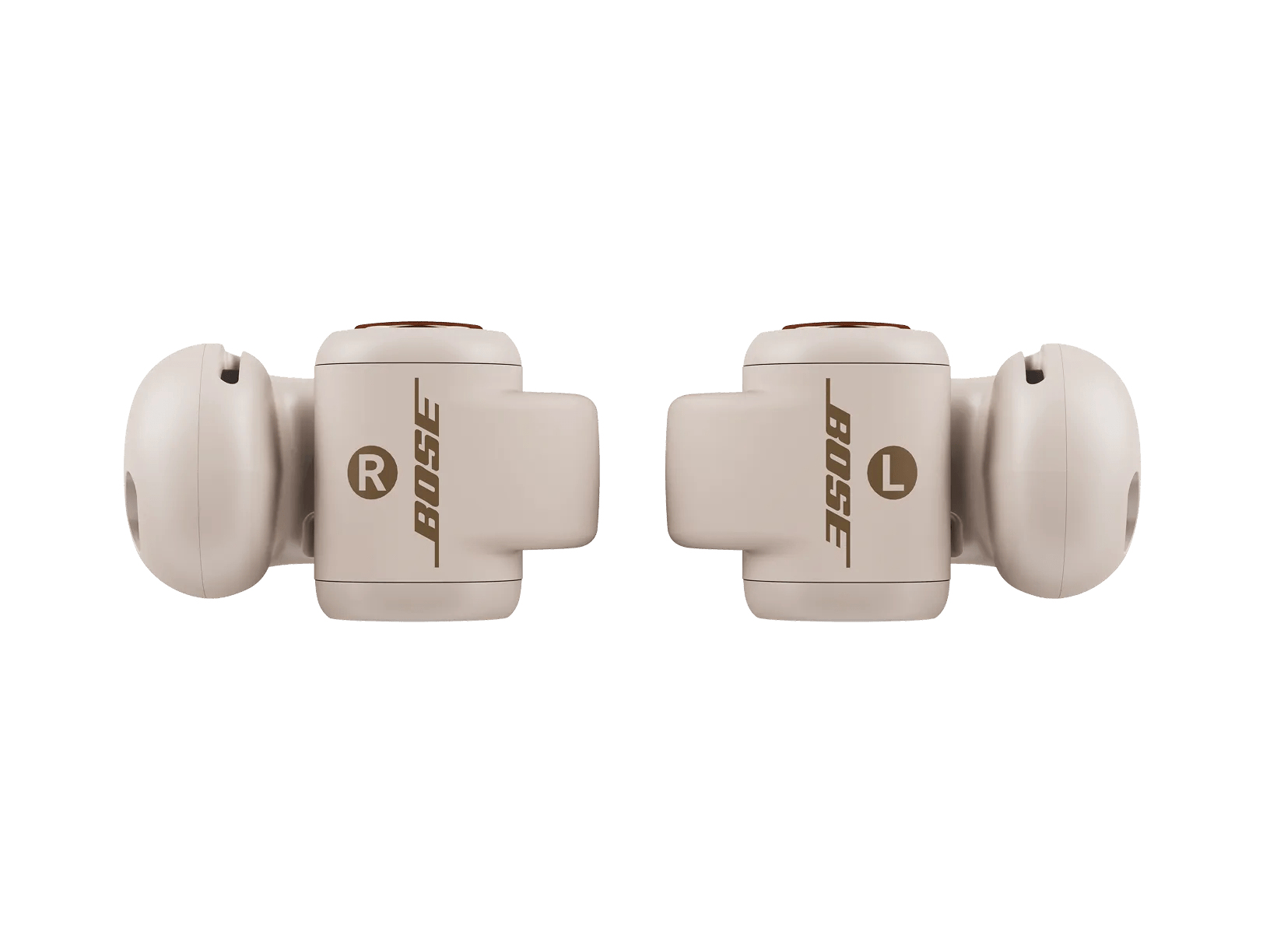 Due auricolari Bose beige, sinistro e destro, con logo.