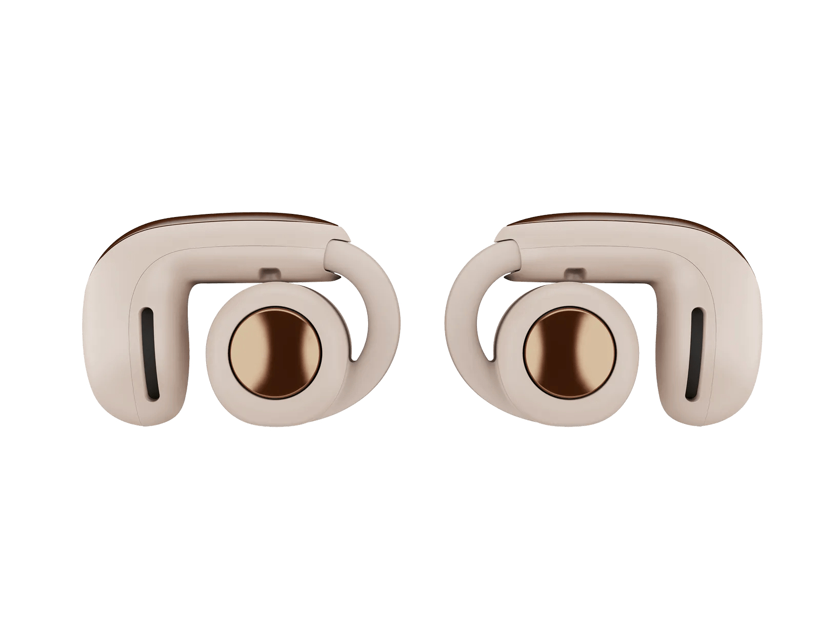 Due auricolari beige con accenti marroni, uno accanto all'altro su sfondo bianco.