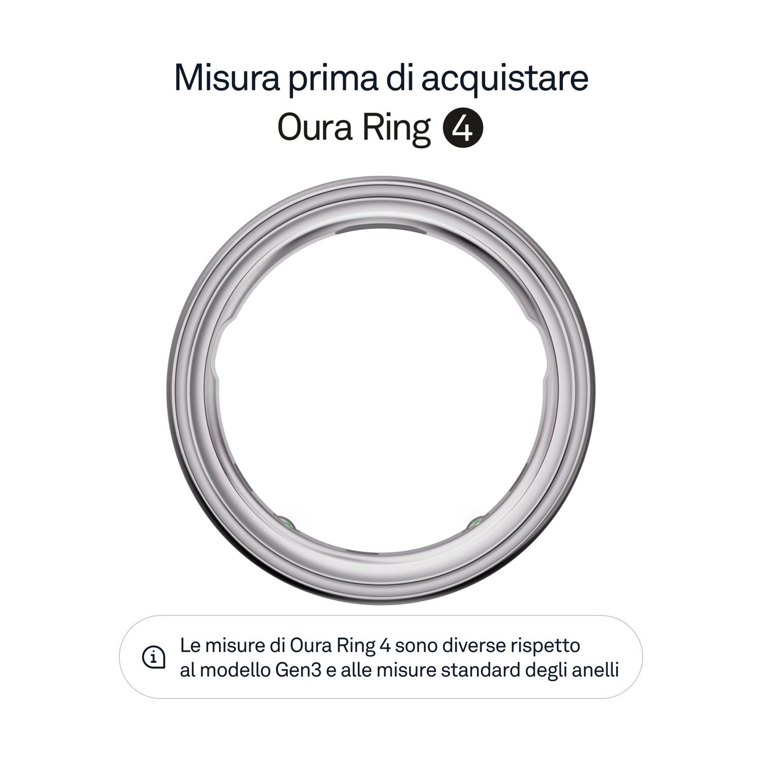 Silberner Oura Ring 4 auf weißem Hintergrund. Text informiert über Größen.