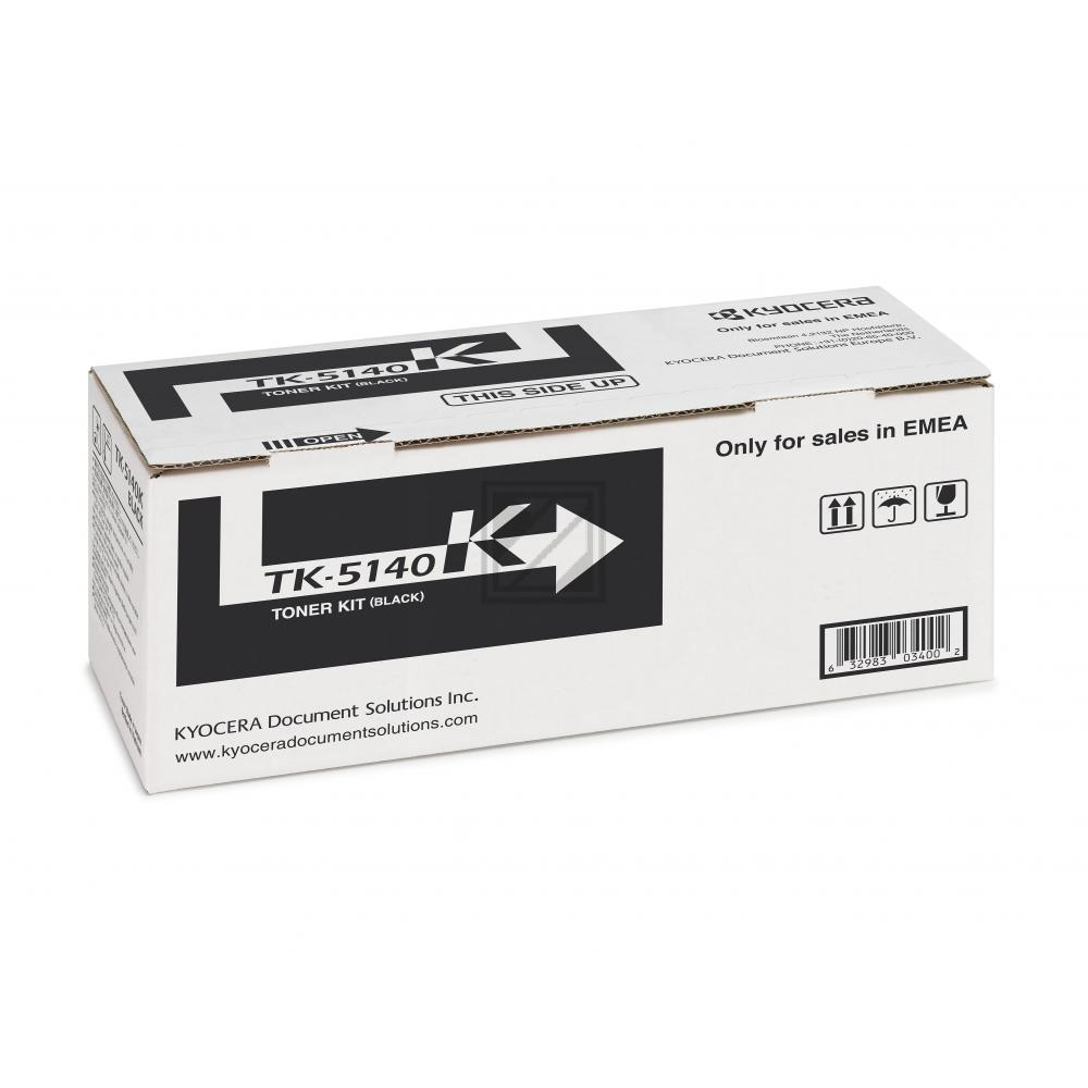 Pudełko Kyocera TK-5140 Toner Kit (Czarny) z instrukcjami wysyłki i kodem kreskowym.