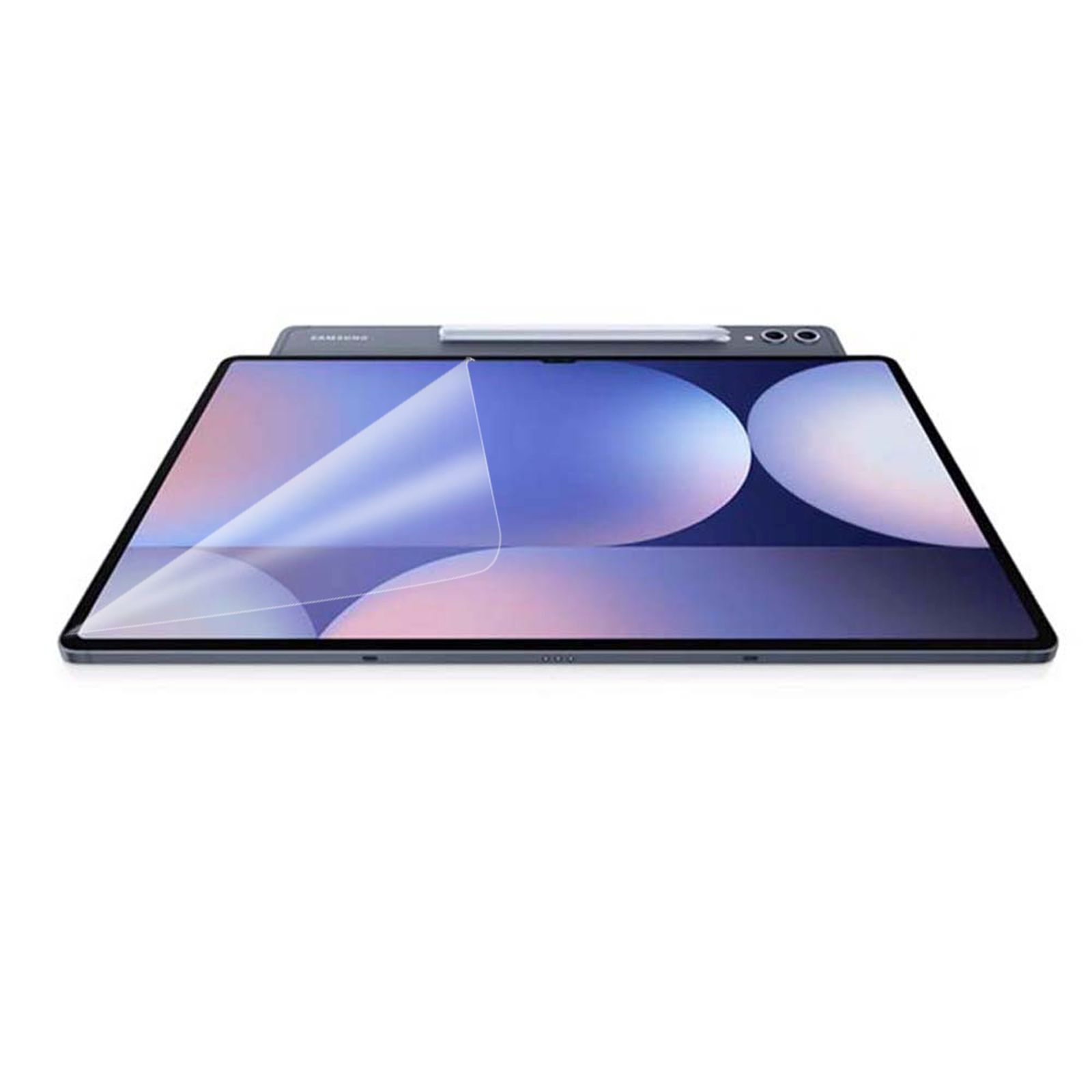 Un tablet con stilo giace sullo schermo, che mostra un motivo astratto.