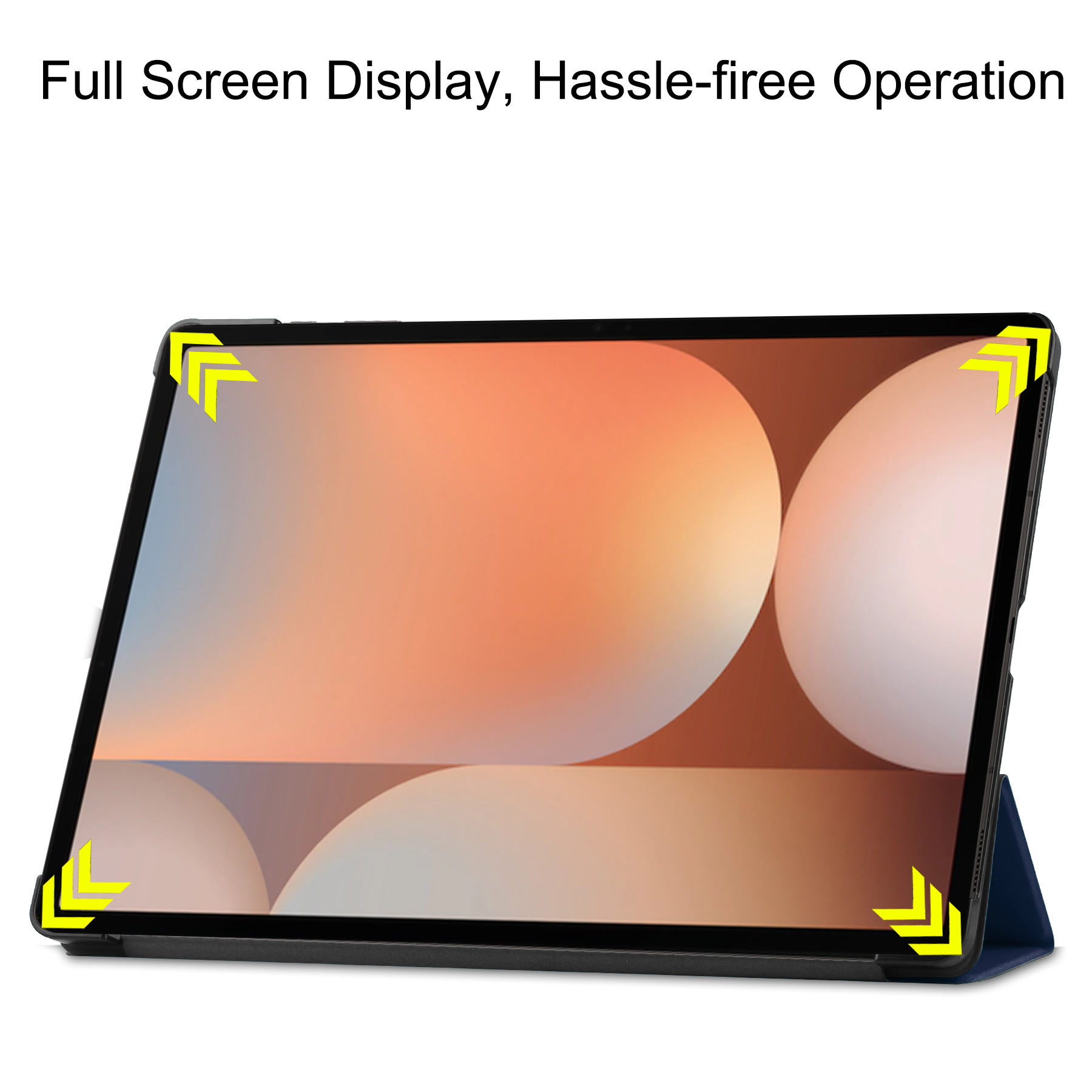 Un tablet in una custodia blu scuro con indicatori gialli.