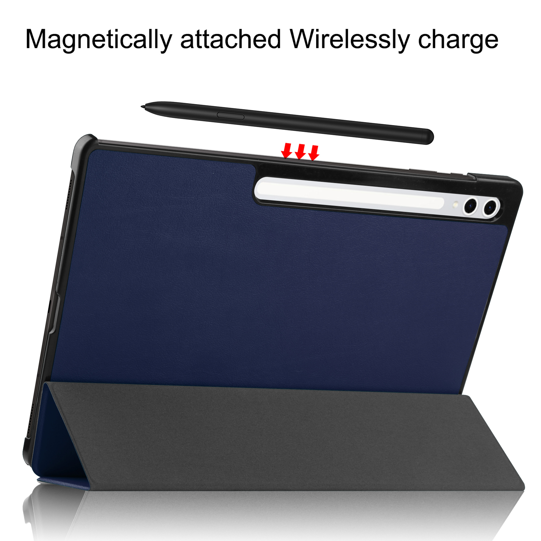 Un tablet blu con stilo, agganciato magneticamente per la ricarica.
