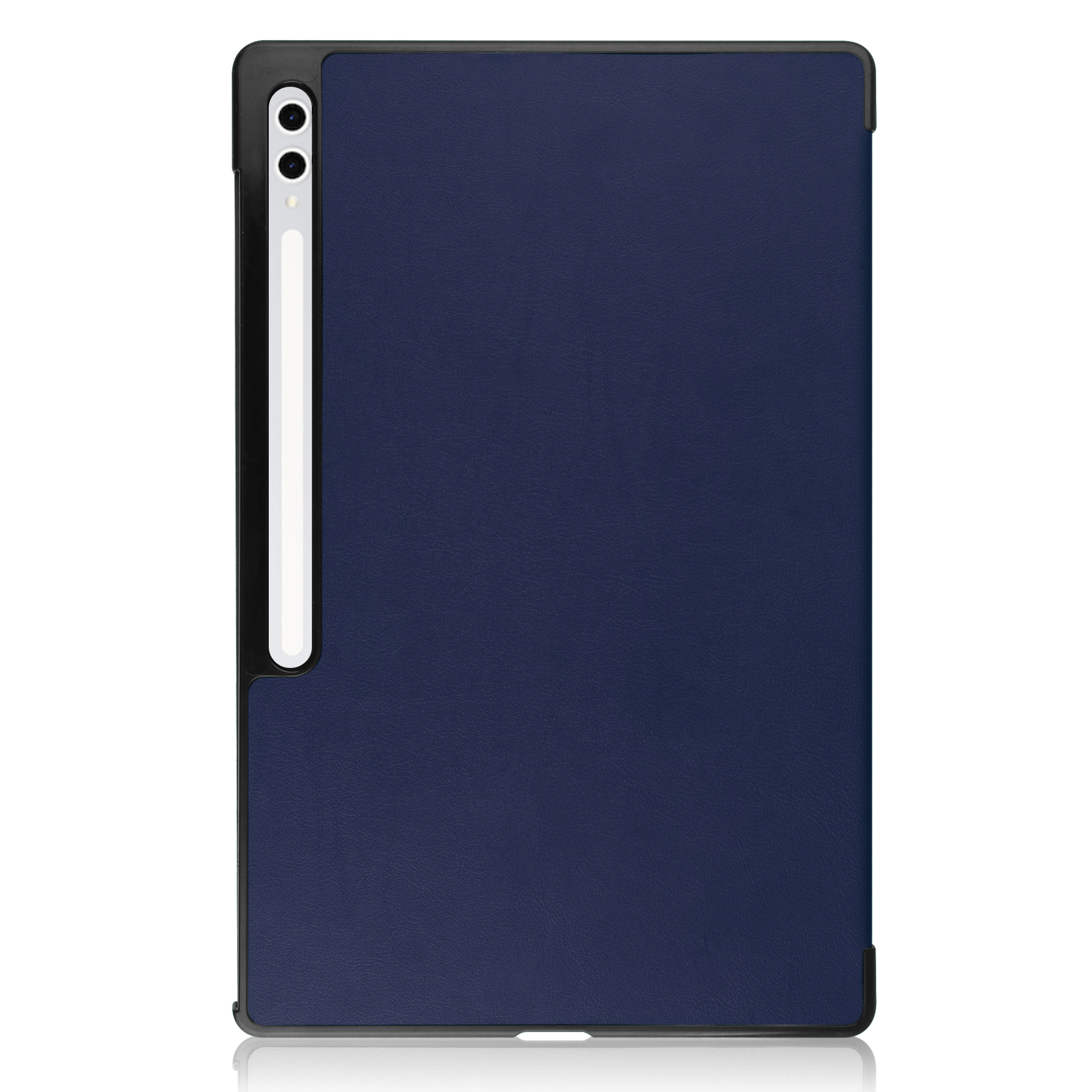 Tablet blu scuro con portapenne laterale su sfondo bianco.