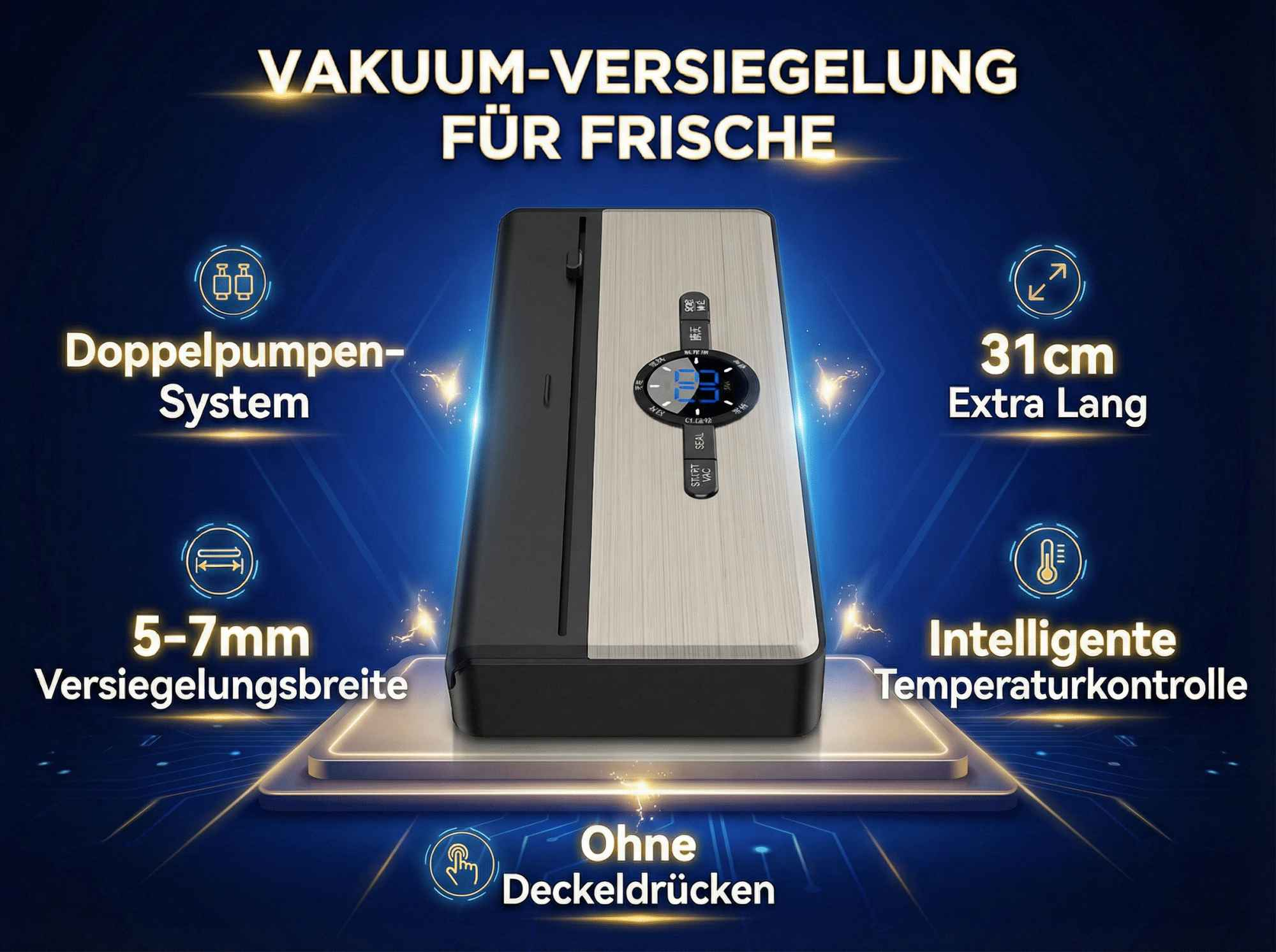 Vakuumiergerät mit Doppelpumpe, 31cm Breite, Temperaturkontrolle.