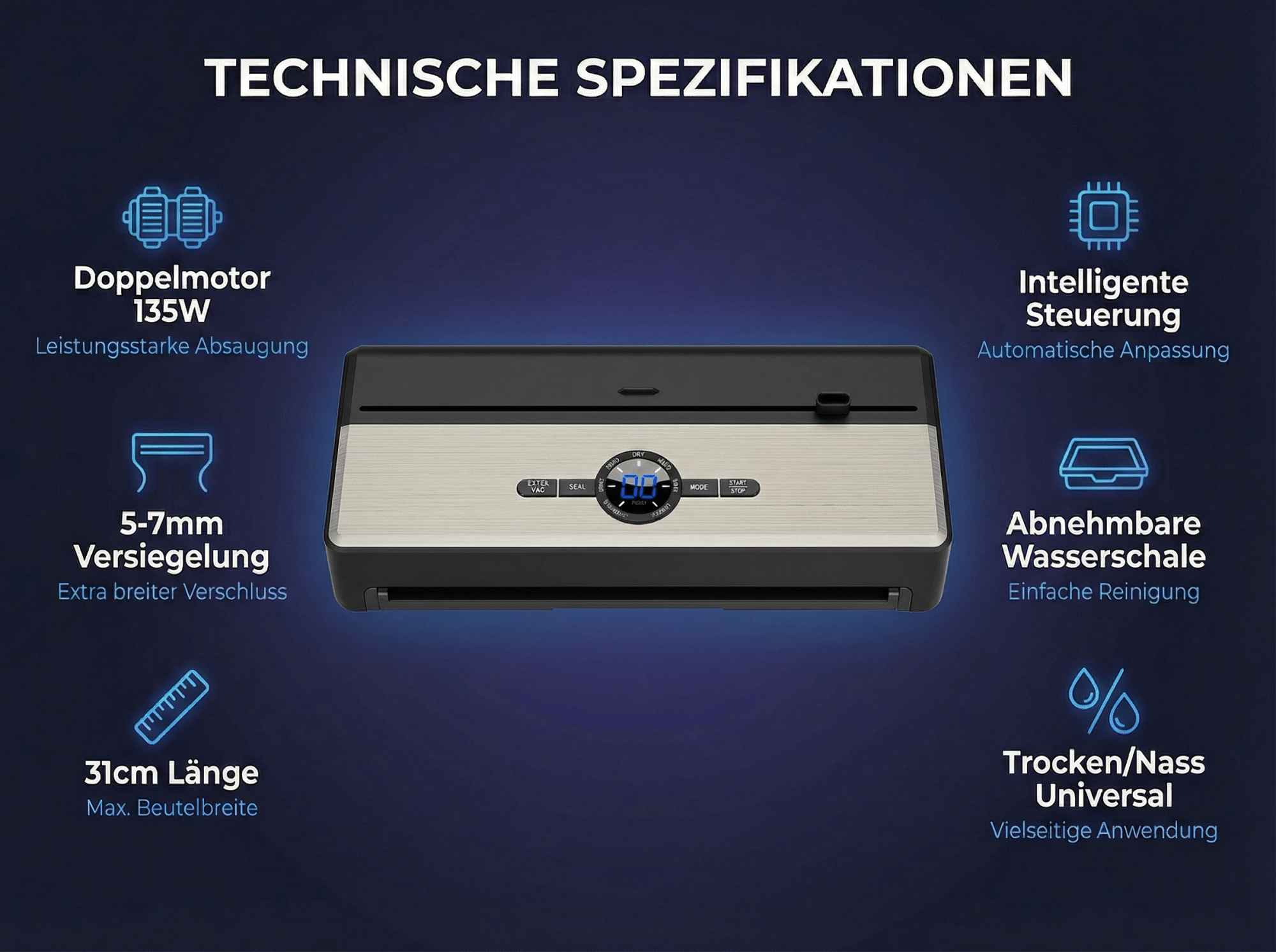 Vakuumierer mit Doppelmotor, 135W, 5-7mm Siegelnaht, 31cm Breite, Steuerung.