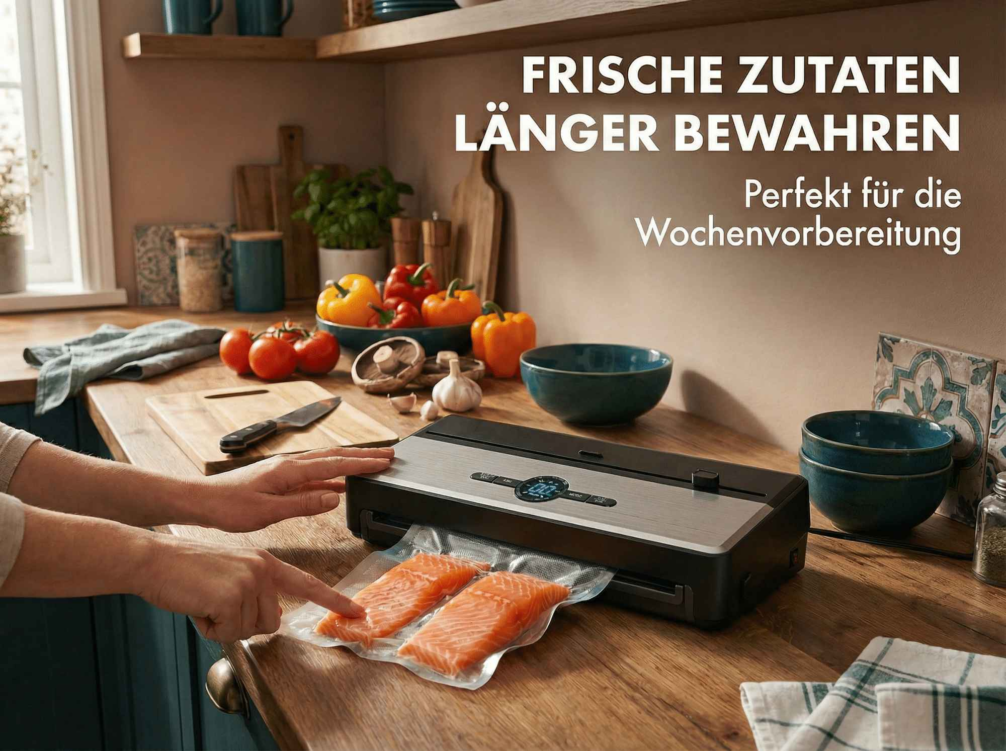 Hände benutzen Vakuumierer für zwei Lachsfilets. Küchentheke mit Gemüse.