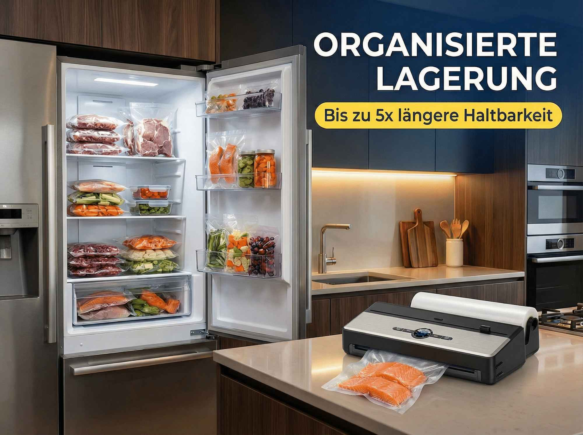 Ein offener Kühlschrank mit vakuumverpackten Lebensmitteln und einer Vakuumierer.