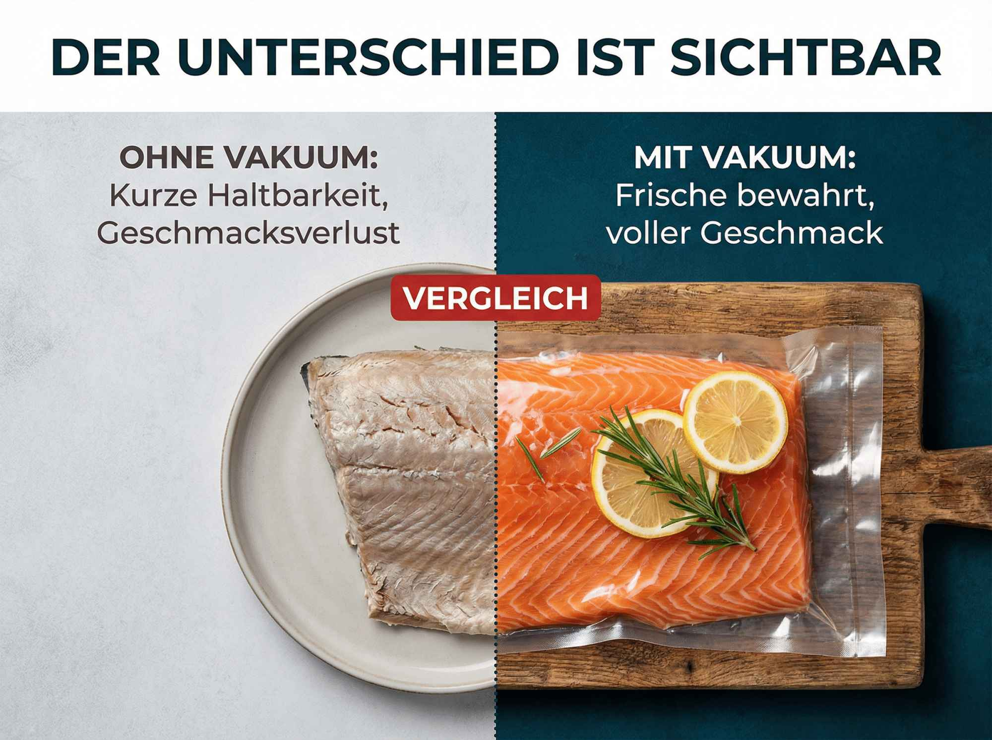 Lachs ohne Vakuum neben Lachs mit Vakuum, Zitronen und Rosmarin.