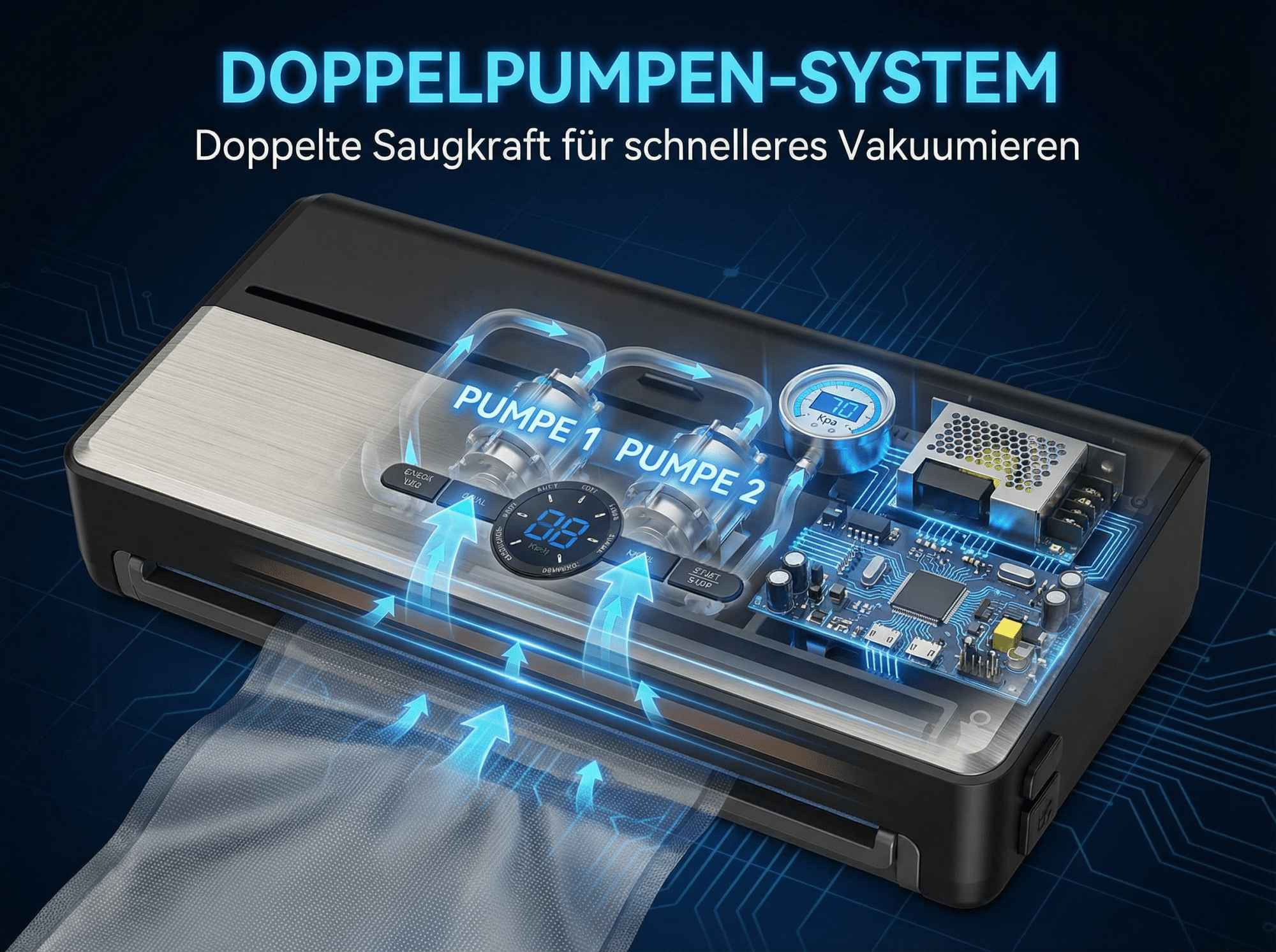 Vakuumierer mit Doppelpumpensystem und digitaler Anzeige zeigt Luftabsaugung.