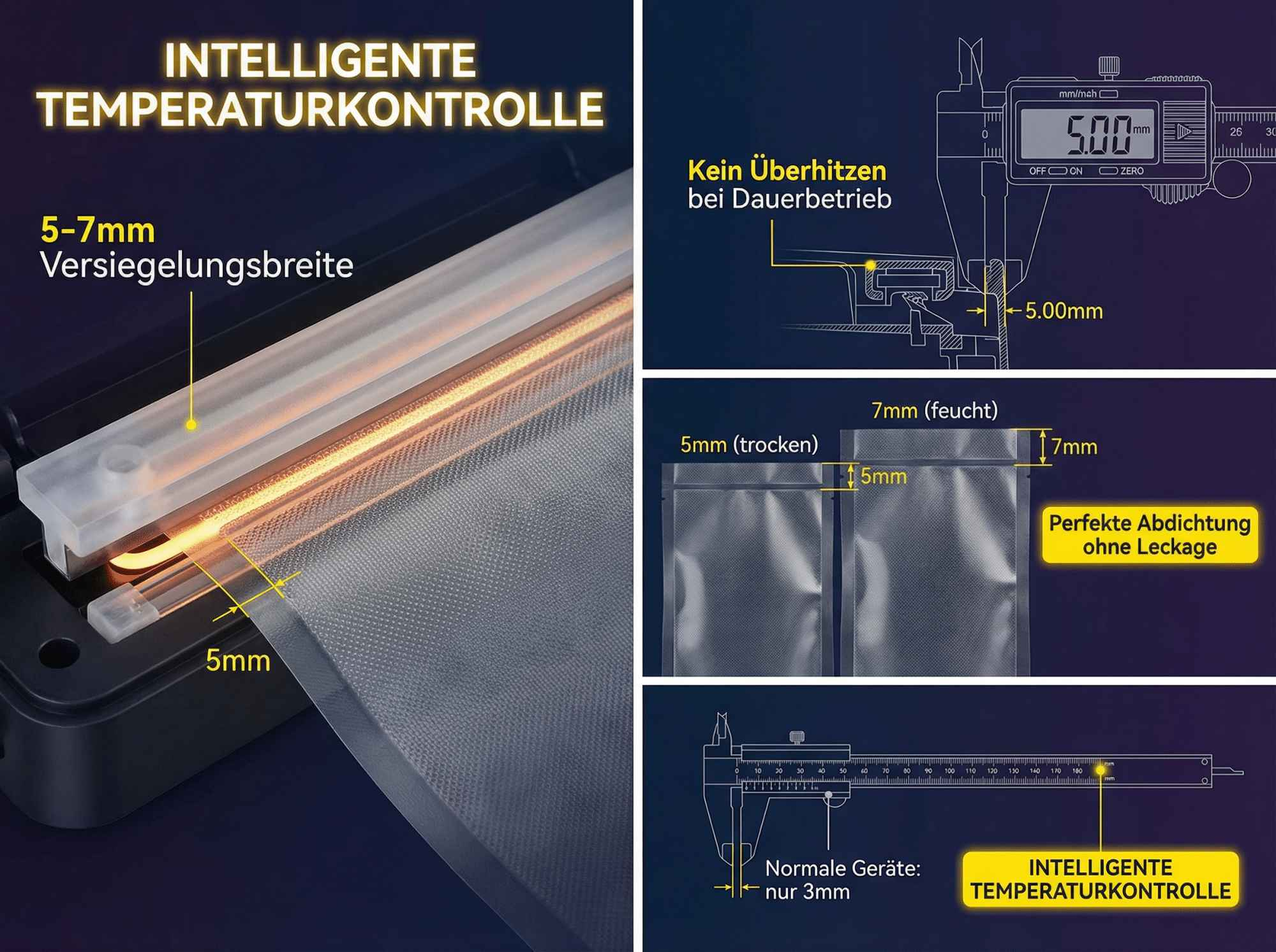 Intelligente Temperaturkontrolle mit 5-7mm Siegelbreite. Zeigt 5mm und 7mm Beutel an.